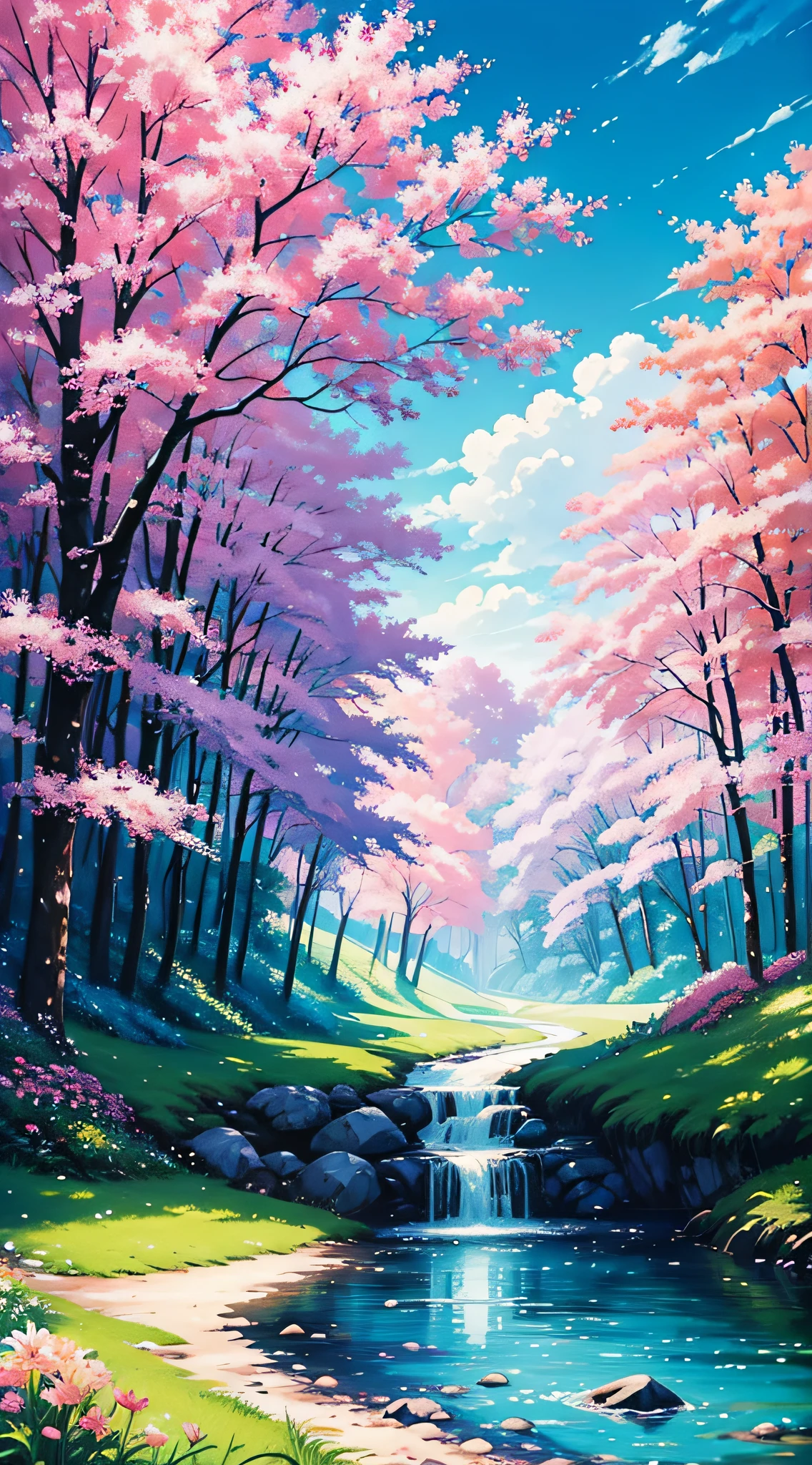 There is a painting of a colorful landscape with trees and flowers, vibrant gouache painting scenery, pintura de paisagem colorida, paisagem campestre anime, paisagem brilhante, scenic colorful environment, Jen Bartel, Paisagem do anime, arte de fundo do anime, anime bela cena de paz, scenery art detailed, Arte bonita UHD 4K, beautiful anime scenery, pintura digital colorida, paisagem de sonho, papel de parede de paisagem anime