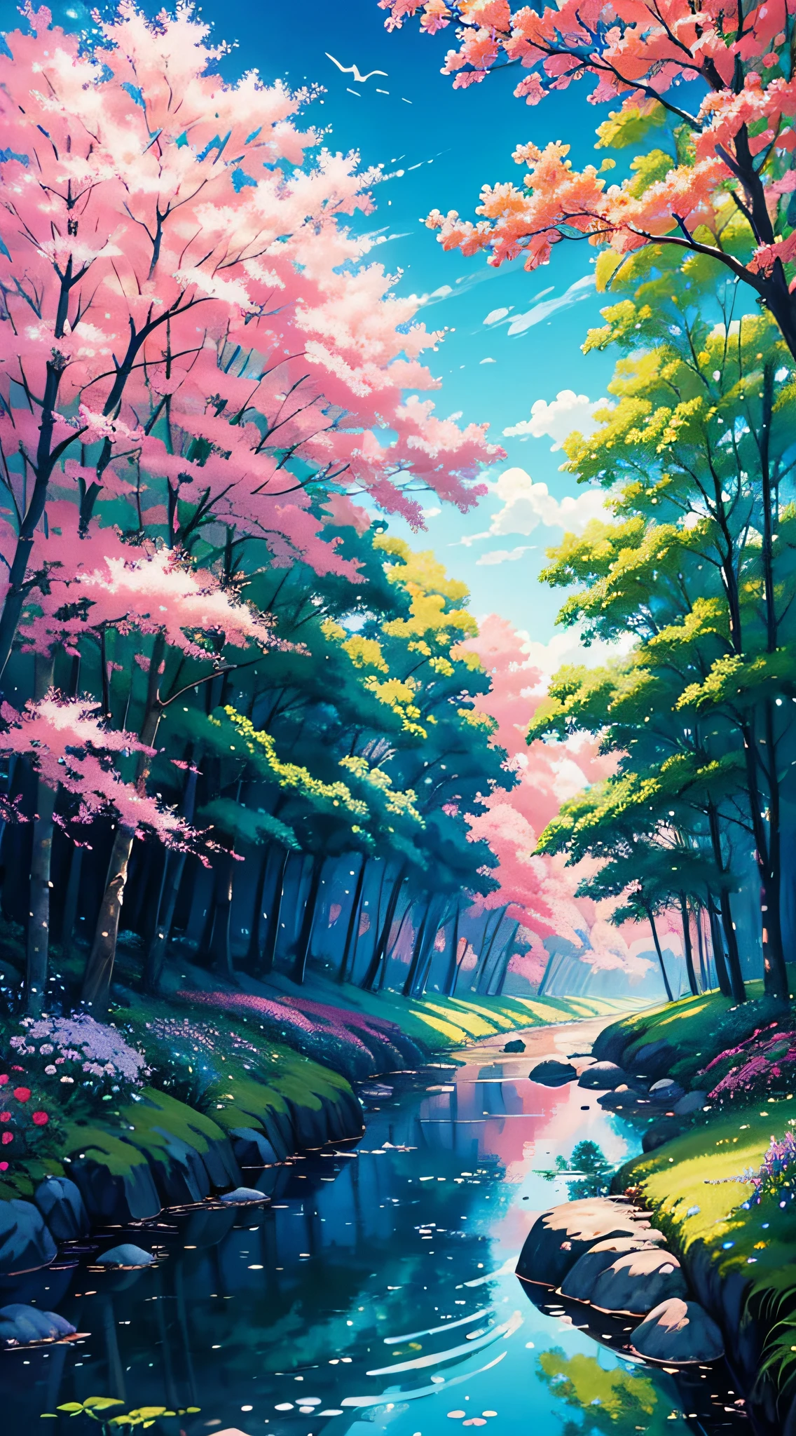 There is a painting of a colorful landscape with trees and flowers, vibrant gouache painting scenery, pintura de paisagem colorida, paisagem campestre anime, paisagem brilhante, scenic colorful environment, Jen Bartel, Paisagem do anime, arte de fundo do anime, anime bela cena de paz, scenery art detailed, Arte bonita UHD 4K, beautiful anime scenery, pintura digital colorida, paisagem de sonho, papel de parede de paisagem anime