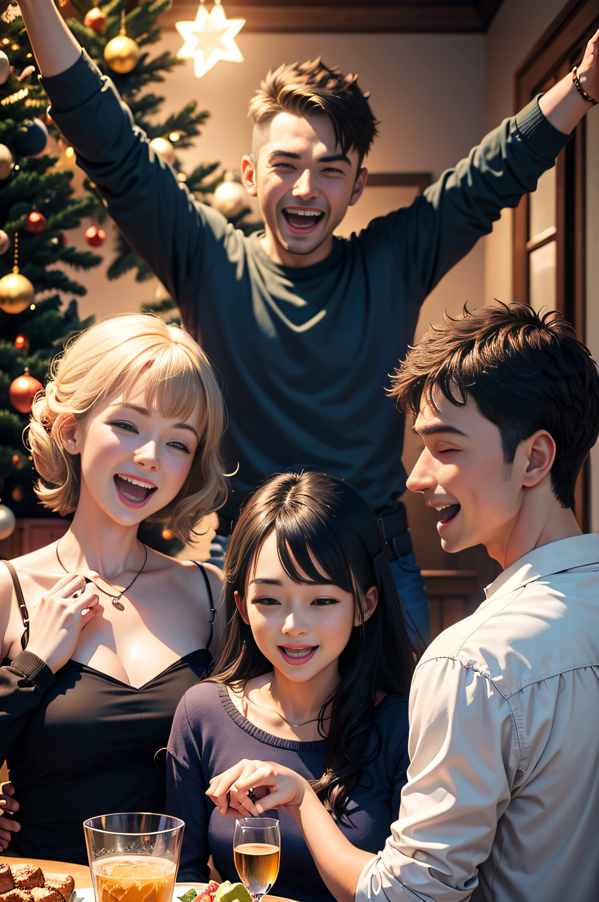 three people, celebrate noel at home, groups of happy people, having a good time, high quality picture --auto