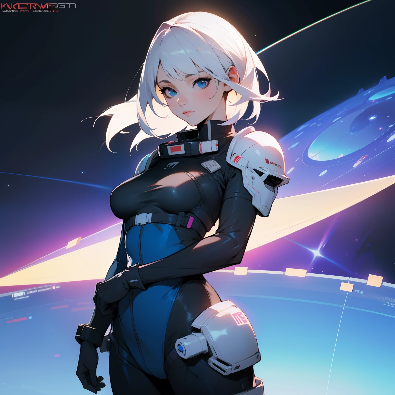 Top quality, ultra high resolution, (photorealistic: 1.4), jumpsuit, sci-fi space background, circuit plate mail, medium breasts, realistic world, outdoors, light hair, armour, space, knight, character design, white hair, 1girl,