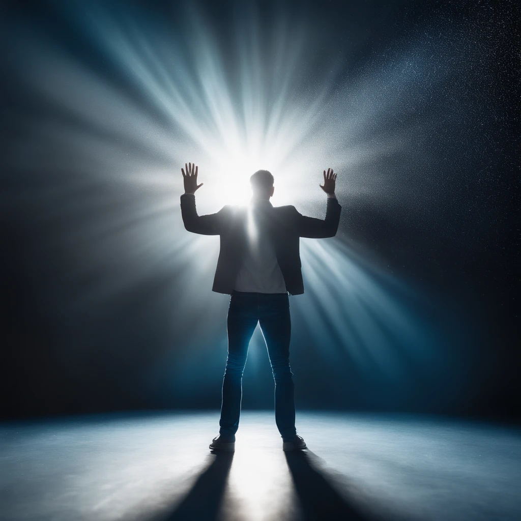 A man with open arms standing in a spotlight blurred image with blue and white gradient background, with shiny and shiny particles slightly golden, backround desfocado, Light particles in soft, shiny volumetric mist, floating dust particles, com luzes azuis brilhantes, Fundo fora de foco, poeira brilhante brilhante no ar, floating particles