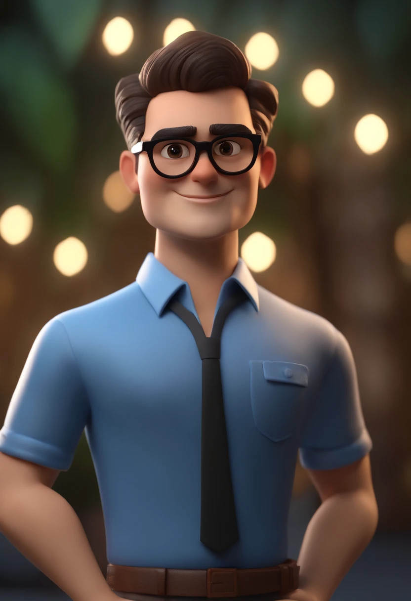 Cartoon character of a man wearing black glasses and a blue shirt, um personagem animado, Caractere estilizado, animation style rendering, 3D estilizado, Arnold Maya render, 3 d render stylized, toon render keyshot, Personagem 3D, Personagem 3D, 3d rendering stylized, 3 d character render, personagem de desenho animado, Personagem de close up, Pose de personagem, (Estilo Pixar) (master part:1.2) (Bokeh) (best quality) (pele detalhada) (textura detalhada) (8k) (argila) (Cinematic lighting) (foco nítido，Senta e vaza a parte superior do corpo