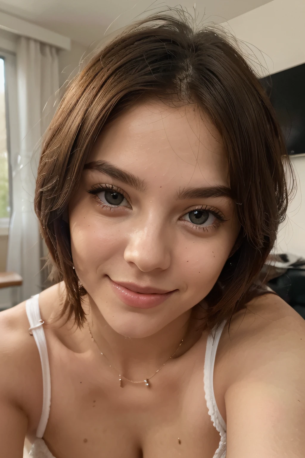 colegiala Falda corta Espalda, Imagen hiperrealista, autorretrato tipo selfie, 18 Year Old 4K Incline, vista trasera, con cabello rubio claro cayendo en una sacudida corta y suave, que llega justo hasta los hombros. Su cabello es liso y sedoso, enmarcando su rostro con elegancia. Su cuerpo, recostado sobre ella, descansa con las piernas abiertas sobre una mesa de oficina, los muslos pronunciados, Moist skin. Su rostro es armonioso y radiante, como si algo le gustara mucho, esbelto, de tez impecable. Tiene ojos azules brillantes que reflejan una mirada seductora, vivaz y expresiva. Her eyebrows are defined and complement her facial features. Los labios de la joven son suaves y de un tono natural que realza su belleza. maquillaje tipo modelo. Her smile is warm and seductive, con una figura esbelta y una postura segura.