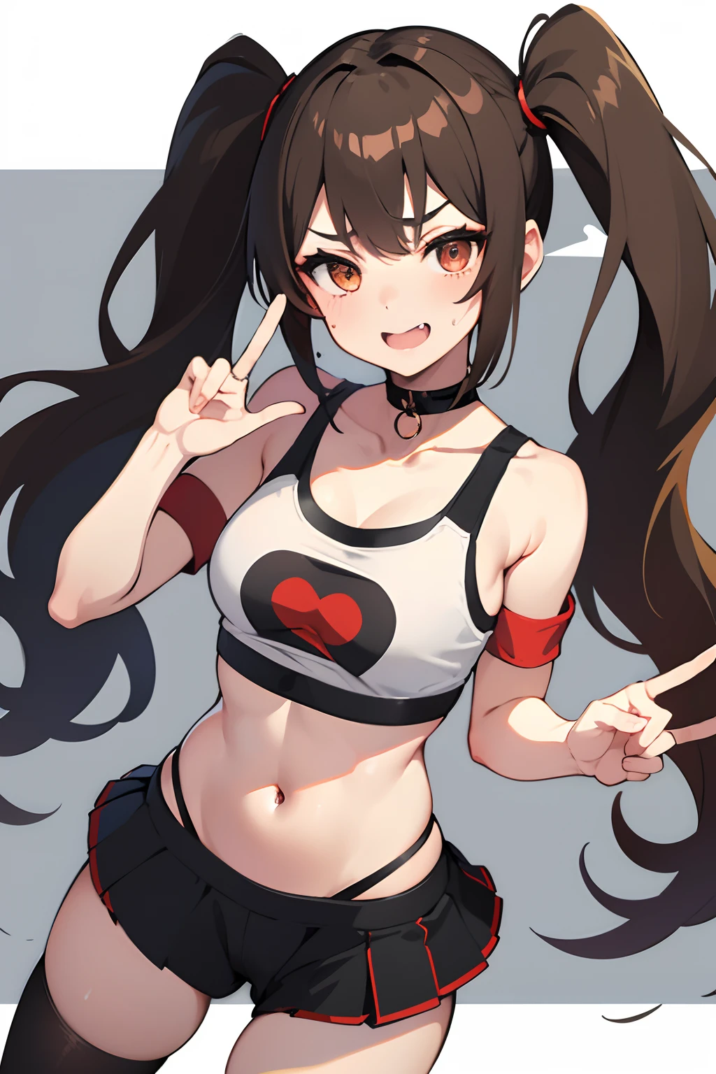 girl, Young, long high twintail hair, Brown eyes, brown hair, pale skin, anime, collarbone, choker, sweat, smiling, red iris, double peace sign, thighs, navel, cameltoe, embarassed face, sports bra, miniskirt, thigh highs, looking up, eyes crossed, mouth open
