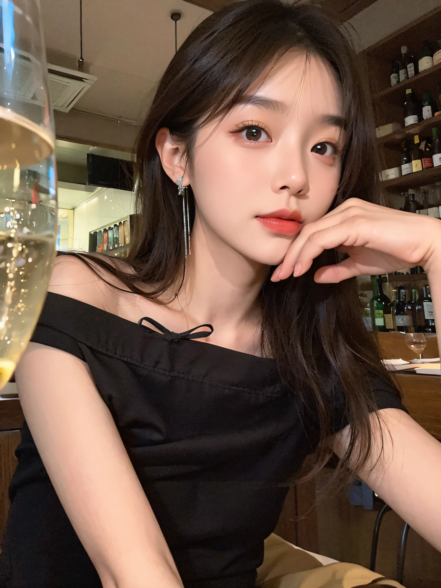 There was a woman sitting at the table,With a glass of wine, Gorgeous young Korean woman, dilraba dilmurat, beautiful Korean women, Beautiful young Korean woman, Shin Jinying, Choi Hyun-hwa, ulzzangs, Korean girl, jaeyeon nam, lee ji eun, Lee Ji-eun, 19-year-old girl