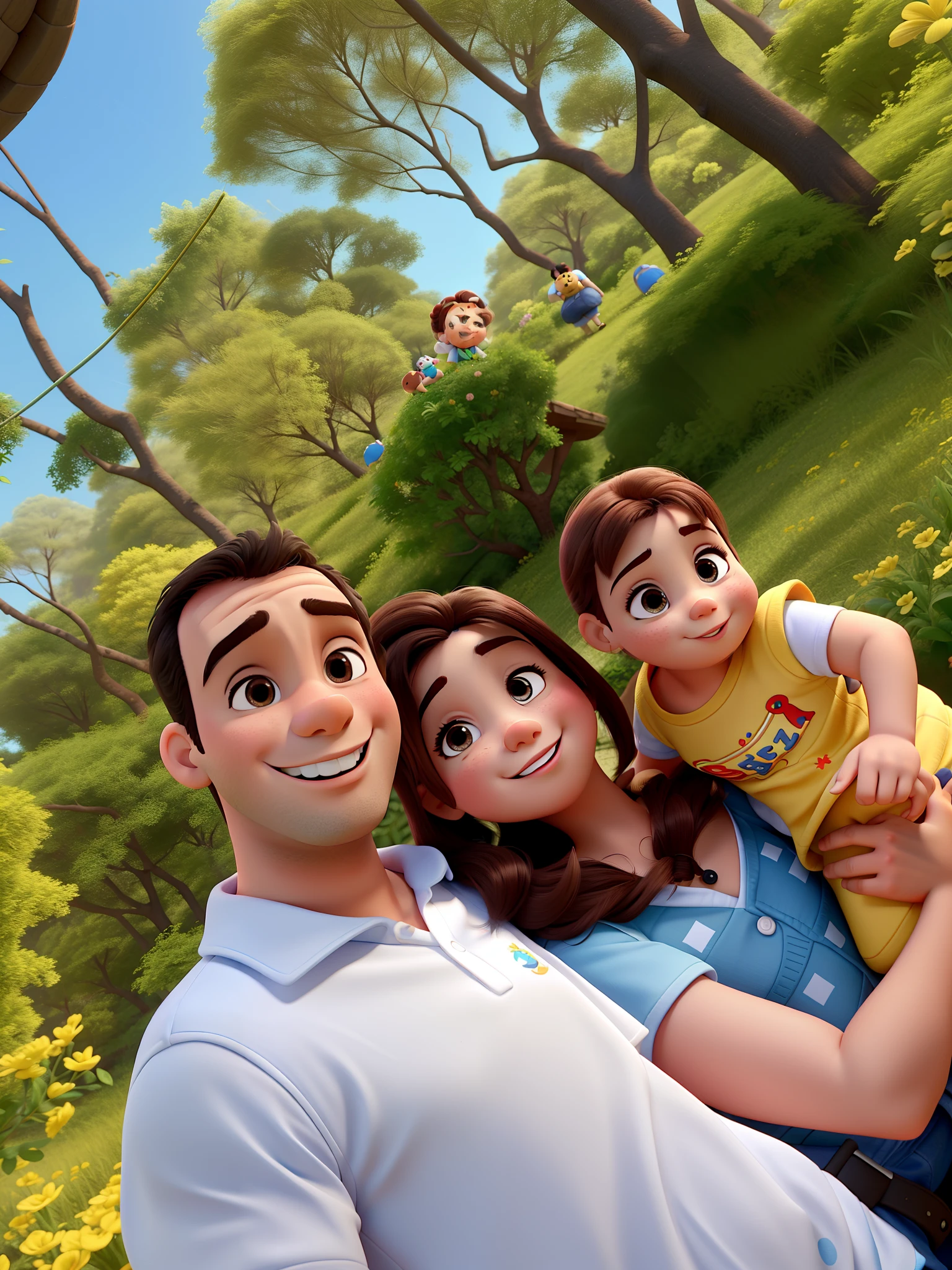 Casal feliz segurando um bebe no estilo Disney Pixar, alta qualidade