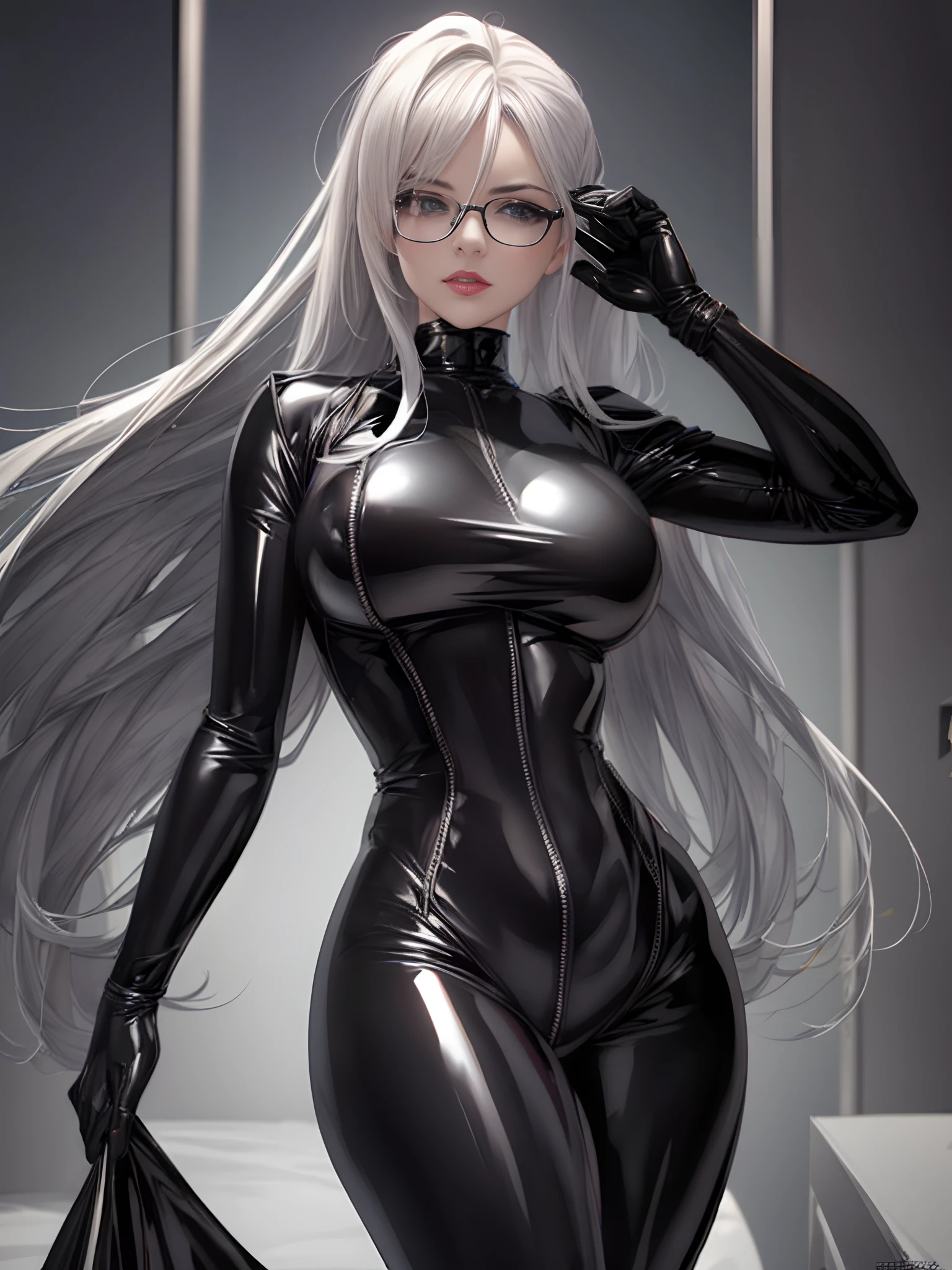 (best quality,8K UHD,high-res),beautiful silver hair,glasses,shiny black latex catsuit,(piel oculta) hidden skin, black metallic buttocks,abstract background,dramatic lighting, portraits, vibrant colors.