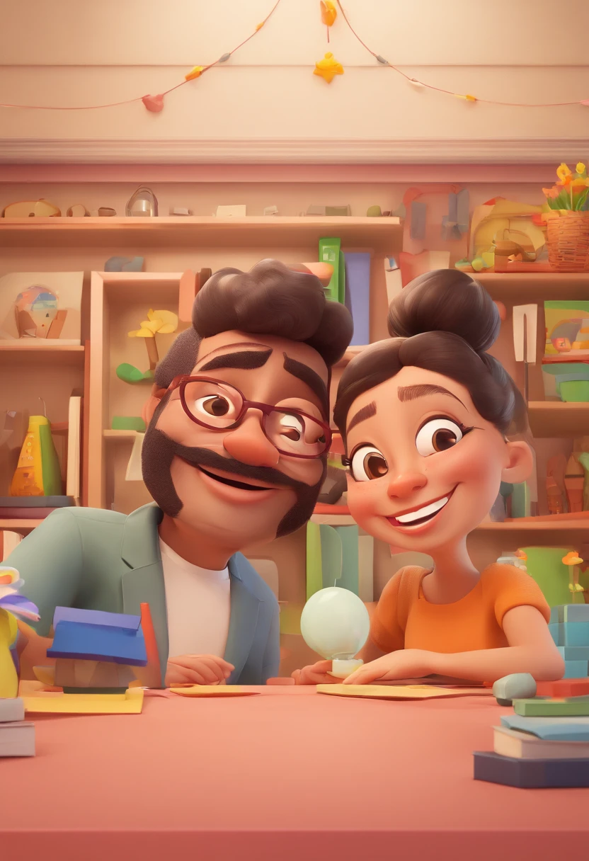 An illustration of an adorable couple, Highlight for a chubby mulatto man with glasses smiling and a brunette woman with beautiful expressive eyes - the man's skin is mulatto and the man's hair haswhile the woman's skin is black and the woman's hair is straight and brown. They are a bright room, cada um com um sorriso no rosto, e compartilhar um momento especial caracterizado pelo amor, Insights. Illustrate this scene from a perspective where they are facing the camera, Smiling and Showing Your Connection. Desenvolva esta arte em Full HD, Focus on your cinematic touch, Estilo Disney Pixar Animations
