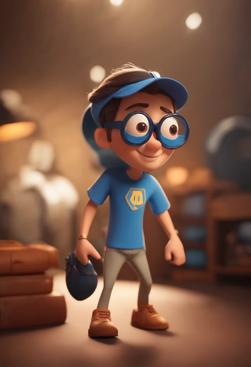Cartoon character of a man wearing black glasses and a blue shirt, um personagem animado, Caractere estilizado, animation style rendering, 3D estilizado, Arnold Maya render, 3 d render stylized, toon render keyshot, Personagem 3D, Personagem 3D, 3d rendering stylized, 3 d character render, personagem de desenho animado, Personagem de close up, Pose de personagem, (Estilo Pixar) (master part:1.2) (Bokeh) (best quality) (pele detalhada) (textura detalhada) (8k) (argila) (Cinematic lighting) (foco nítido，Senta e vaza a parte superior do corpo
