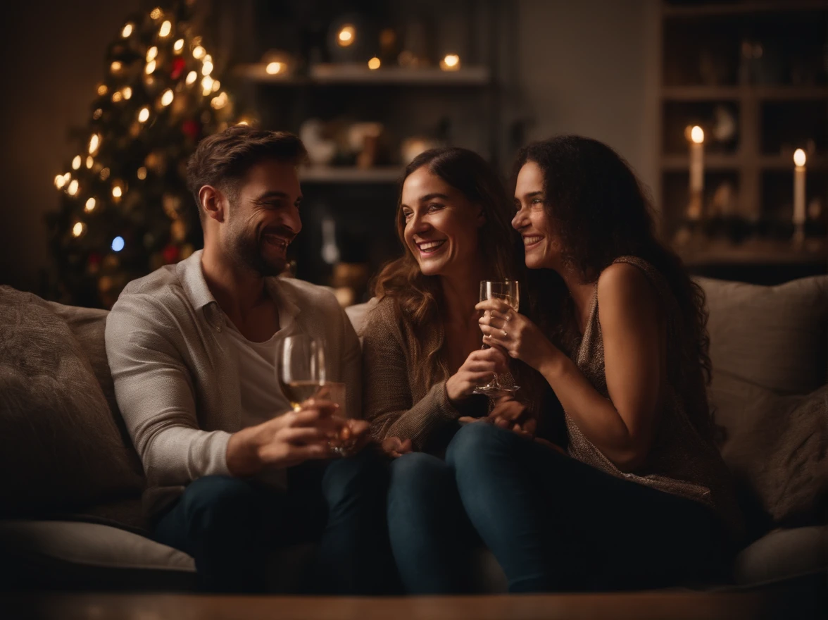 three people, celebrate noel at home, groups of happy people, having a good time, high quality picture