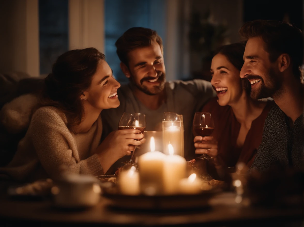 three people, celebrate noel at home, groups of happy people, having a good time, high quality picture