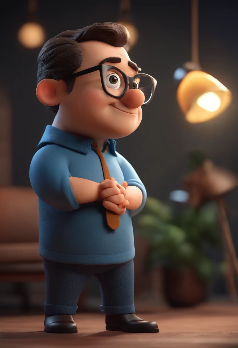 Cartoon character of a man wearing black glasses and a blue shirt, um personagem animado, Caractere estilizado, animation style rendering, 3D estilizado, Arnold Maya render, 3 d render stylized, toon render keyshot, Personagem 3D, Personagem 3D, 3d rendering stylized, 3 d character render, personagem de desenho animado, Personagem de close up, Pose de personagem, (Estilo Pixar) (master part:1.2) (Bokeh) (best quality) (pele detalhada) (textura detalhada) (8k) (argila) (Cinematic lighting) (foco nítido,Senta e vaza a parte superior do corpo