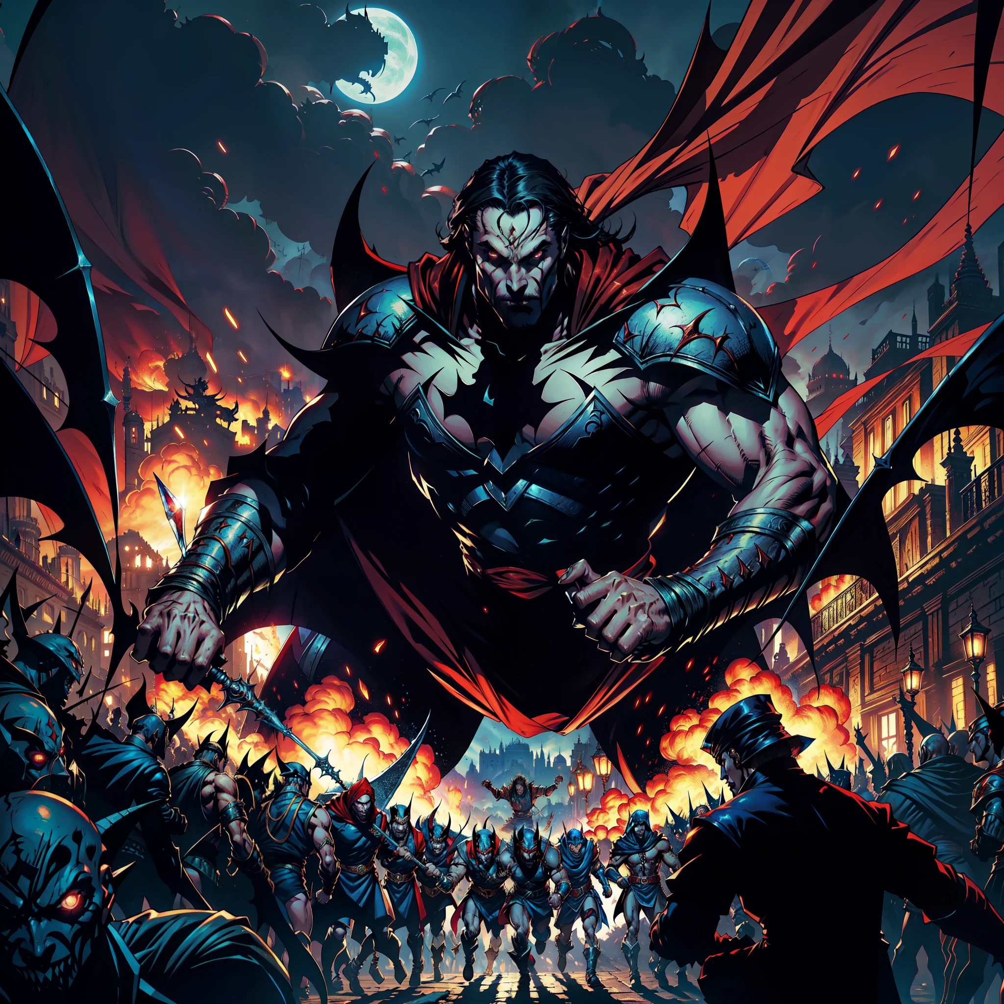Castlevania lord of the shadows hyper realistic super detailed Dynamic shot master piece of evil moroccan Lord Dracula with red turban leading troops army of demons and djinns to battle sharp details