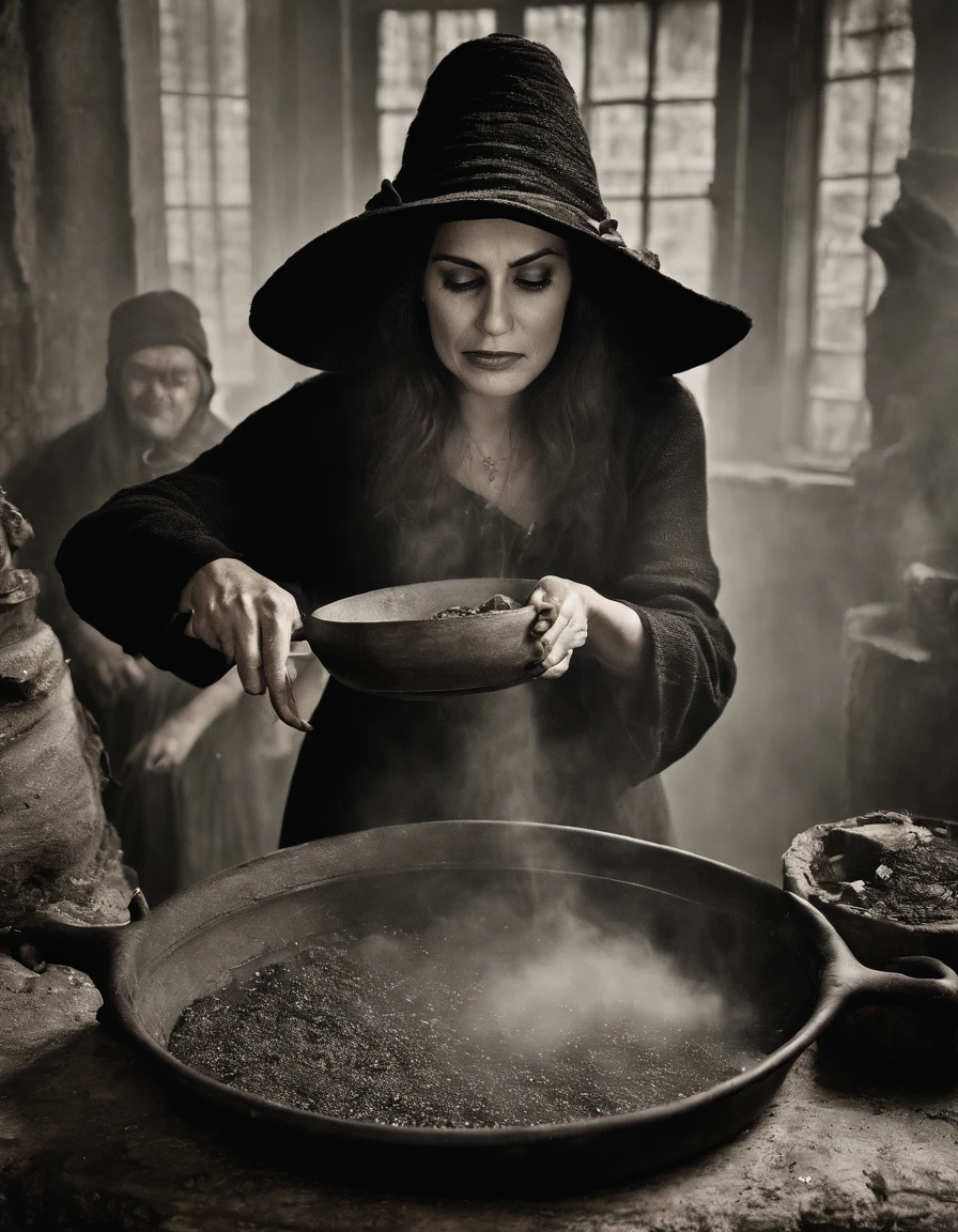 Em uma noite de lua cheia, in a room lit only by the soft silvery light shining through a tall, narrow window, A powerful witch stands before a cast-iron cauldron. She wears a long, dark robe adorned with mystical symbols, And on the top of your head, ela usa um chapeu pontudo, Characteristic of witches. Os cabelos da bruxa caem em cachos prateados sobre seus ombros, And your eyes sparkle with a magical intensity. In one of your hands, ela segura uma varinha de madeira entalhada, That she skilfully shakes over the cauldron. The liquid inside the cauldron begins to bubble and emit an ethereal light, Creating a bewitched atmosphere in the room.