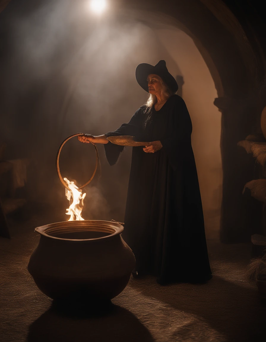 Em uma noite de lua cheia, in a room lit only by the soft silvery light shining through a tall, narrow window, A powerful witch stands before a cast-iron cauldron. She wears a long, dark robe adorned with mystical symbols, And on the top of your head, ela usa um chapeu pontudo, Characteristic of witches. Os cabelos da bruxa caem em cachos prateados sobre seus ombros, And your eyes sparkle with a magical intensity. In one of your hands, ela segura uma varinha de madeira entalhada, That she skilfully shakes over the cauldron. The liquid inside the cauldron begins to bubble and emit an ethereal light, Creating a bewitched atmosphere in the room.