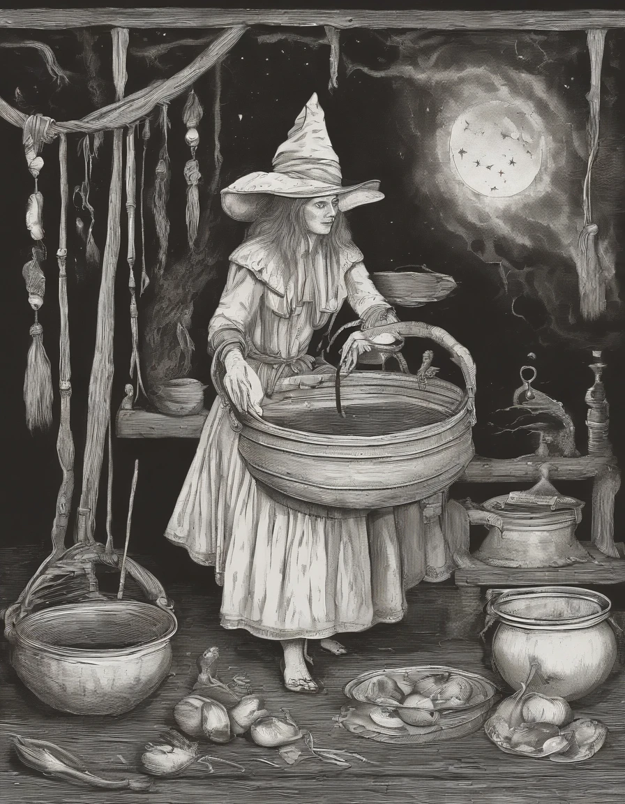 Em uma noite de lua cheia, in a room lit only by the soft silvery light shining through a tall, narrow window, A powerful witch stands before a cast-iron cauldron. She wears a long, dark robe adorned with mystical symbols, And on the top of your head, ela usa um chapeu pontudo, Characteristic of witches. Os cabelos da bruxa caem em cachos prateados sobre seus ombros, And your eyes sparkle with a magical intensity. In one of your hands, ela segura uma varinha de madeira entalhada, That she skilfully shakes over the cauldron. The liquid inside the cauldron begins to bubble and emit an ethereal light, Creating a bewitched atmosphere in the room.
