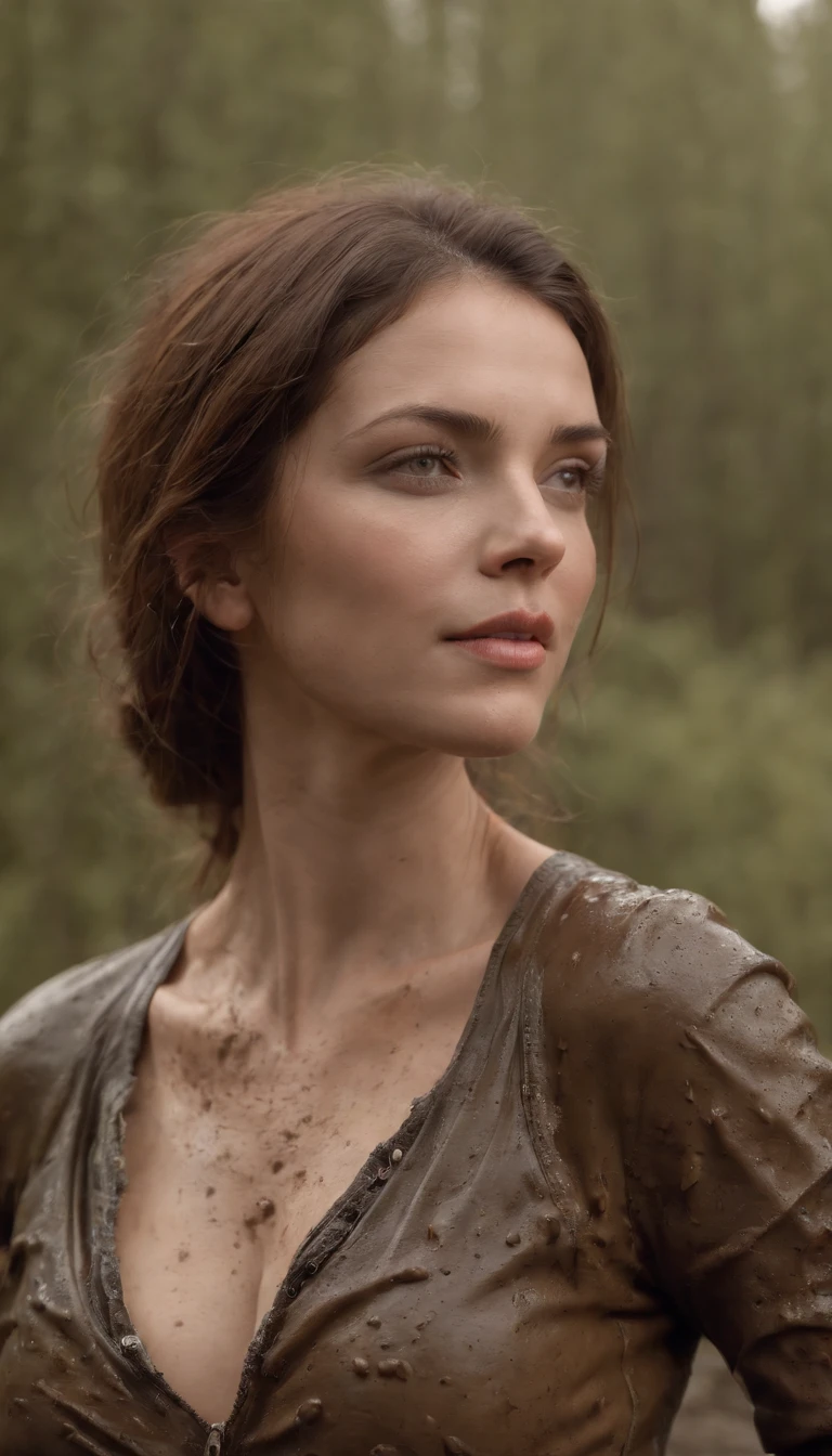 High quality photograph of a hot 35 years old woman (Dynamic frame:1.2), A woman tormented by lust drowns in the face of a mud swamp. (She sensually smears swamp mud on her chest:1.3). She is dressed in jeans and a leather jacket. (She caresses her neck and chest with her hands:1.5) [insanely detailed skin texture, sexy attractive texture] (depth of field) (( perfect body parts, Kodak 200T, dramatic lighting, global illumination ,Clear facial features, 85mm, 100mm lens, f/1.8 uplight, Ilford film stock --ar 16:9 --q 2 --v 5, Create ultra-detailed images textures, capturing every detail with precision ))