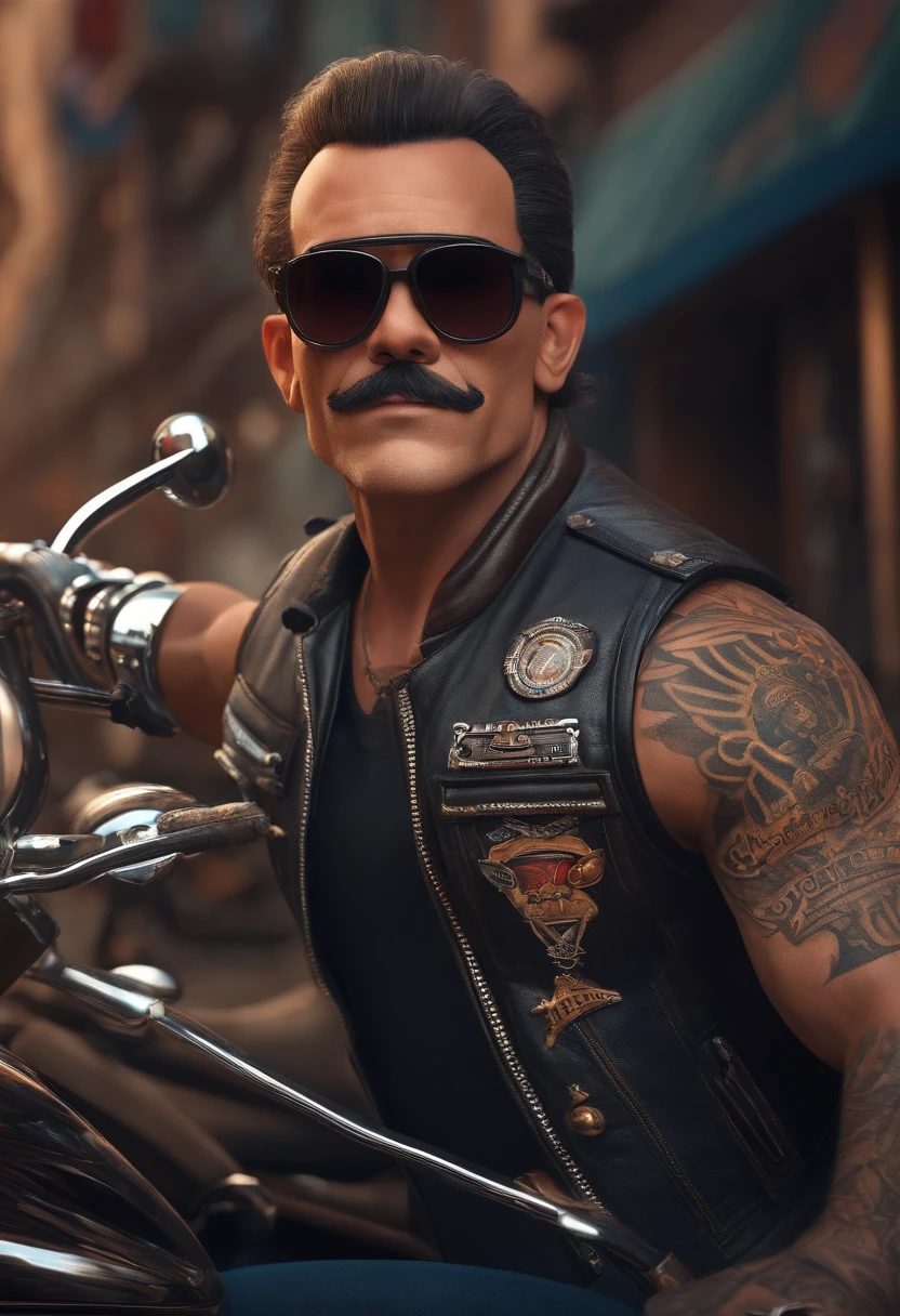 a 3D Disney Pixar style poster de um homem careca, com 35 anos, of sunglasses,wearing only a biker vest with tattooed arms, pilotando uma Drag Star 650 em um passeio de motocicleta
