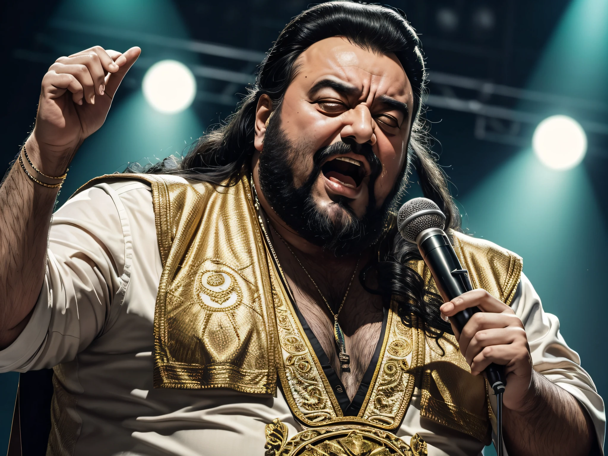 tenor luciano pavarotti cantando energicamente com microfone em maos vestindo trages de heavy metal, close de corpo inteiro de baixo pra cim