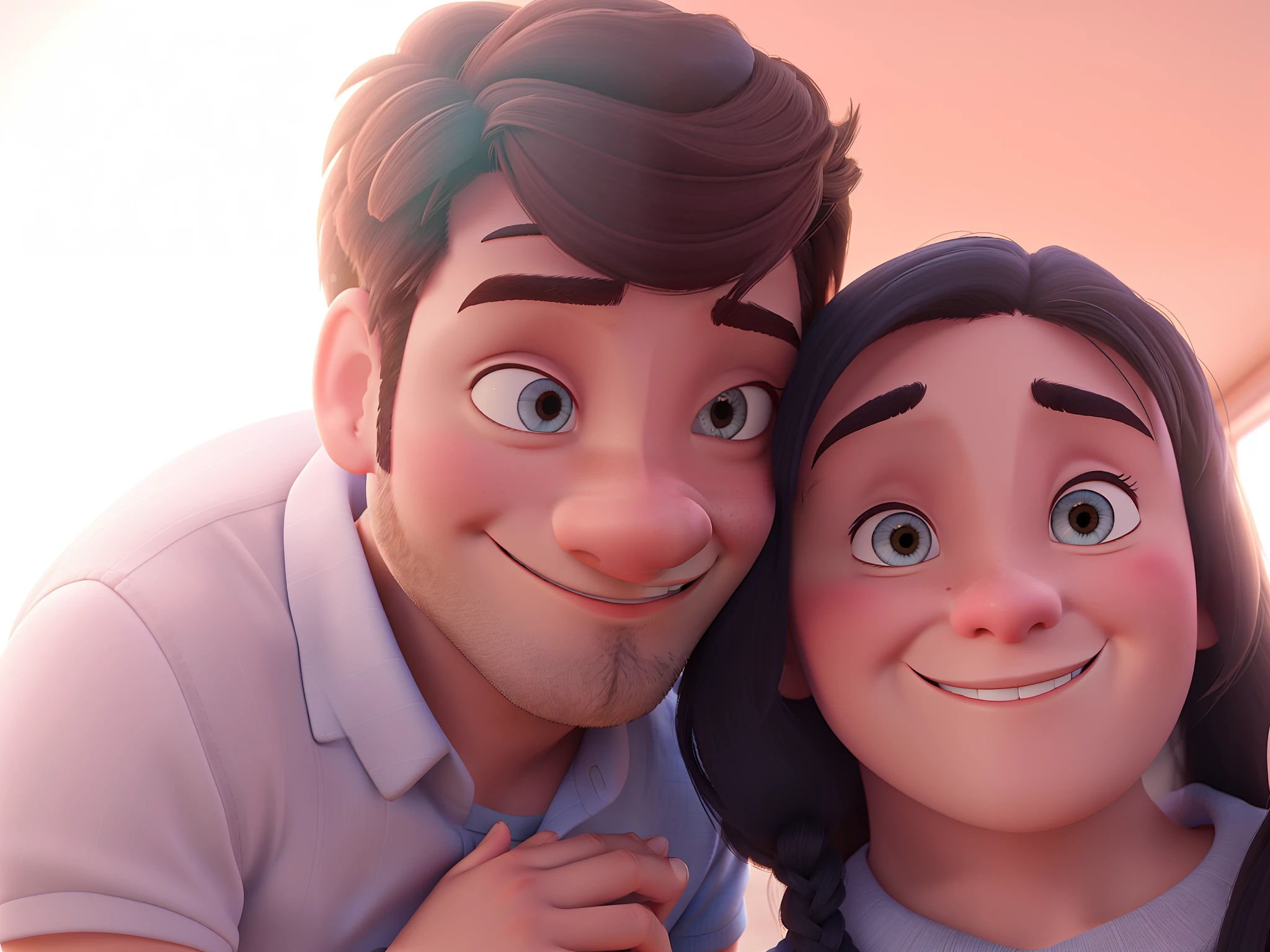 Hugging couple with thinner nose smiling for a selfie following pixar drawing in high definition