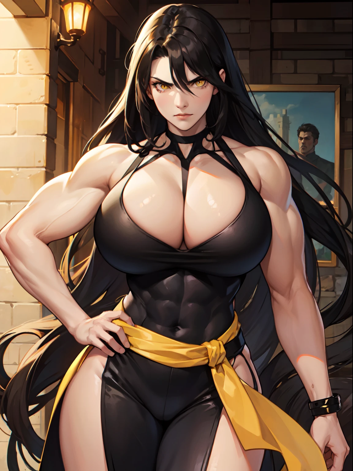 girl muscular huge breasts toned body black hair yellow eyes very long hair angry solo