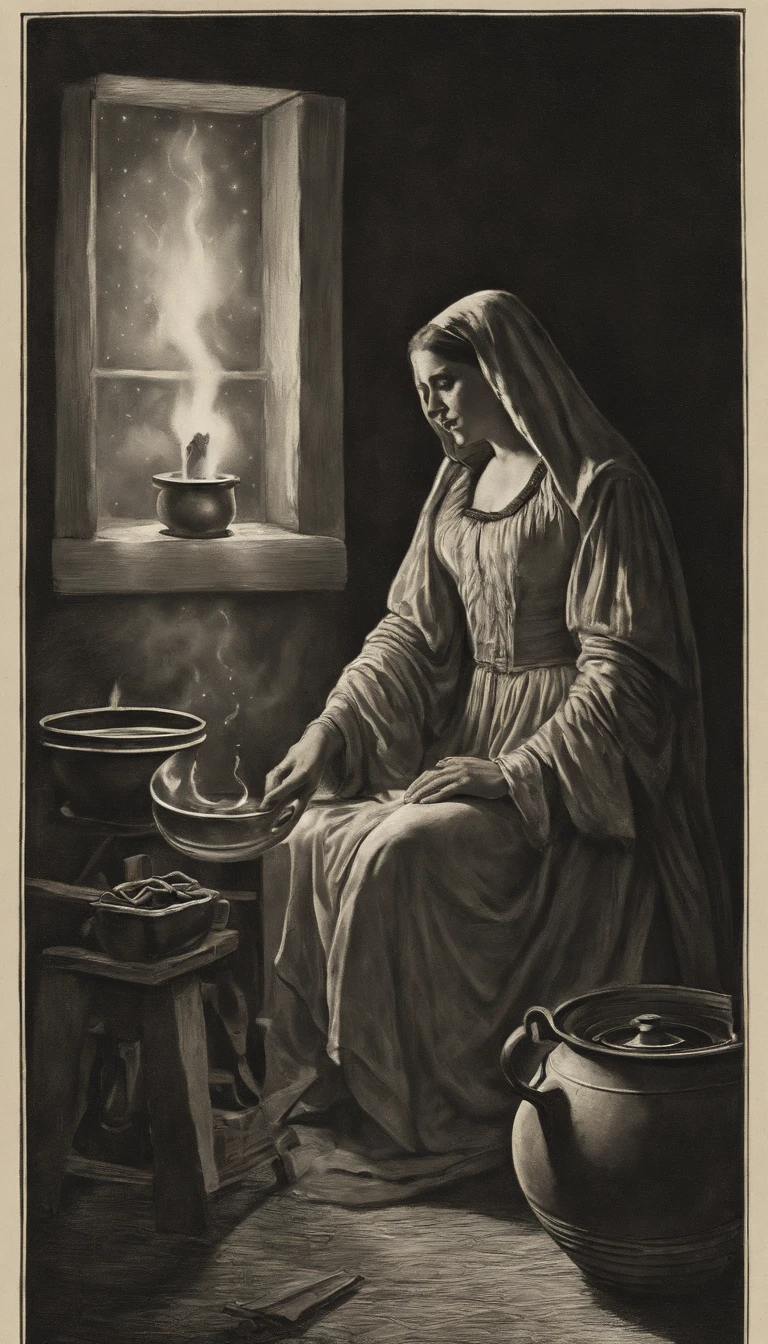 Em uma noite de lua cheia, in a room lit only by the soft silvery light shining through a tall, narrow window, A powerful witch stands before a cast-iron cauldron. She wears a long, dark robe adorned with mystical symbols, And on the top of your head, ela usa um chapeu pontudo, Characteristic of witches. Os cabelos da bruxa caem em cachos prateados sobre seus ombros, And your eyes sparkle with a magical intensity. In one of your hands, ela segura uma varinha de madeira entalhada, That she skilfully shakes over the cauldron. The liquid inside the cauldron begins to bubble and emit an ethereal light, Creating a bewitched atmosphere in the room.