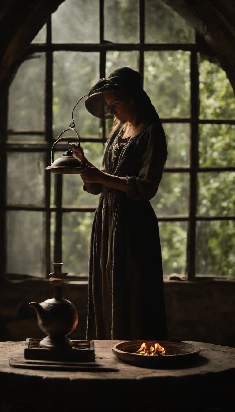 Em uma noite de lua cheia, in a room lit only by the soft silvery light shining through a tall, narrow window, A powerful witch stands before a cast-iron cauldron. She wears a long, dark robe adorned with mystical symbols, And on the top of your head, ela usa um chapeu pontudo, Characteristic of witches. Os cabelos da bruxa caem em cachos prateados sobre seus ombros, And your eyes sparkle with a magical intensity. In one of your hands, ela segura uma varinha de madeira entalhada, That she skilfully shakes over the cauldron. The liquid inside the cauldron begins to bubble and emit an ethereal light, Creating a bewitched atmosphere in the room.