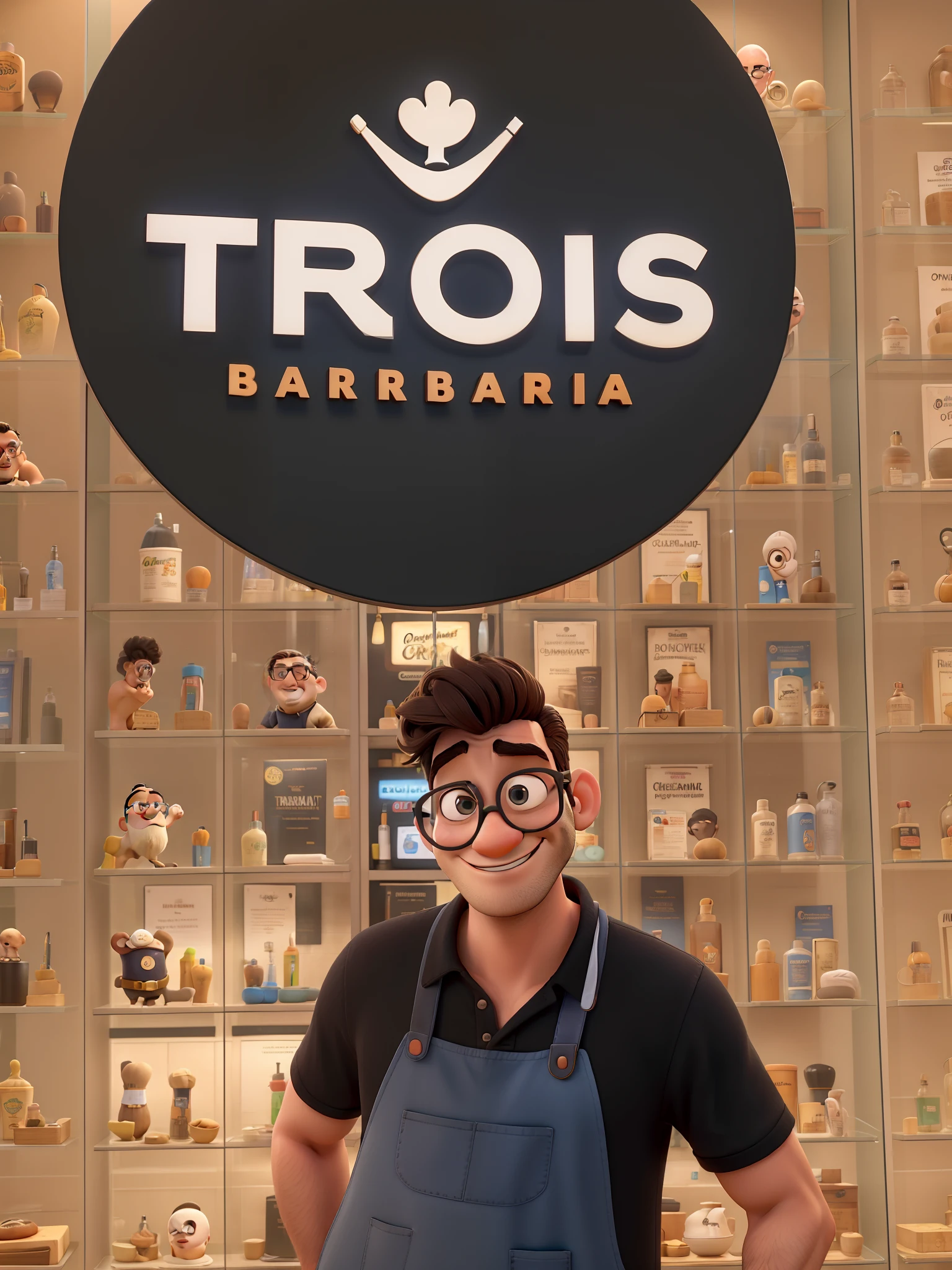 Obra-prima, de melhor qualidade, um jovem de oculos na frente de uma barbearia estilo Disney pixar