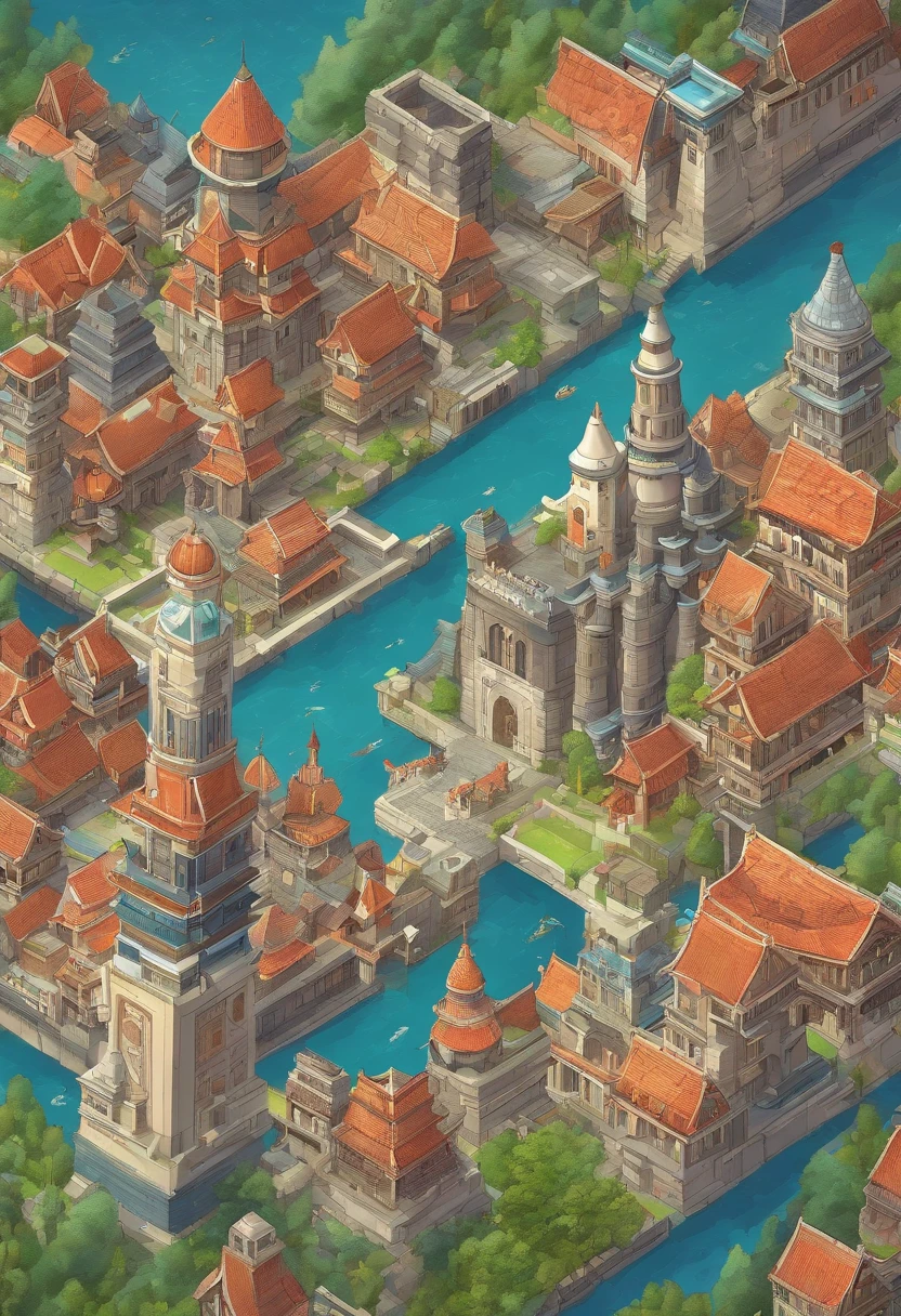 absurderes, Best Quality, Fantasy,Chengsei Metropolis,Lots of huge towers,It is surrounded on all sides by a large moat,Defensive golems and dragons are deployed
