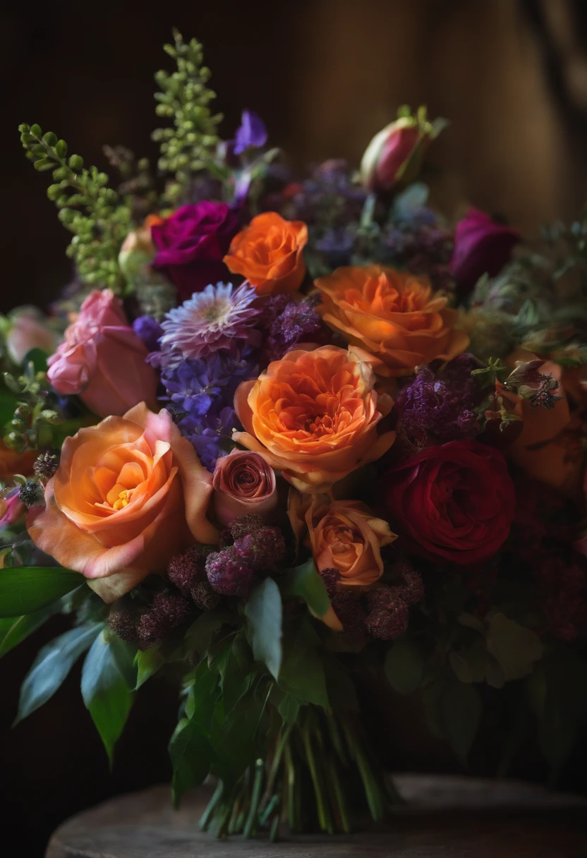 A bright, beautiful fairy-tale bouquet in the sparkling semi-darkness