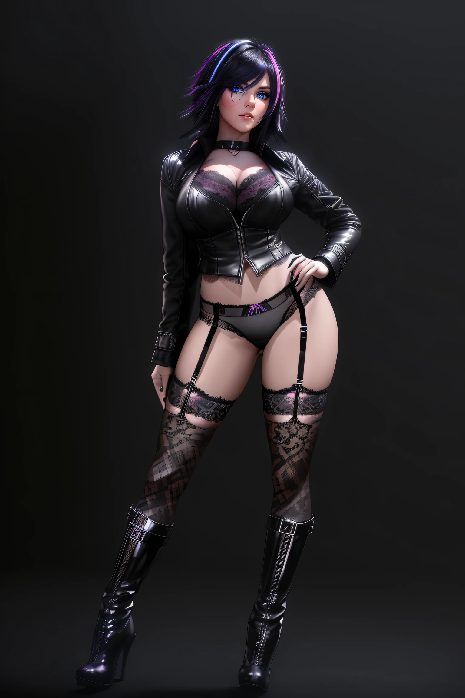 25-Year-Old Woman, short bright neon streaked black hair, (seductive pose:1.2), black eyeshadow, (lace underwear:1.4), (high heel leather boots), (dark city night black background:1.4), Serious Face, Realistic Face Resolution, Realistic, Object Resolution