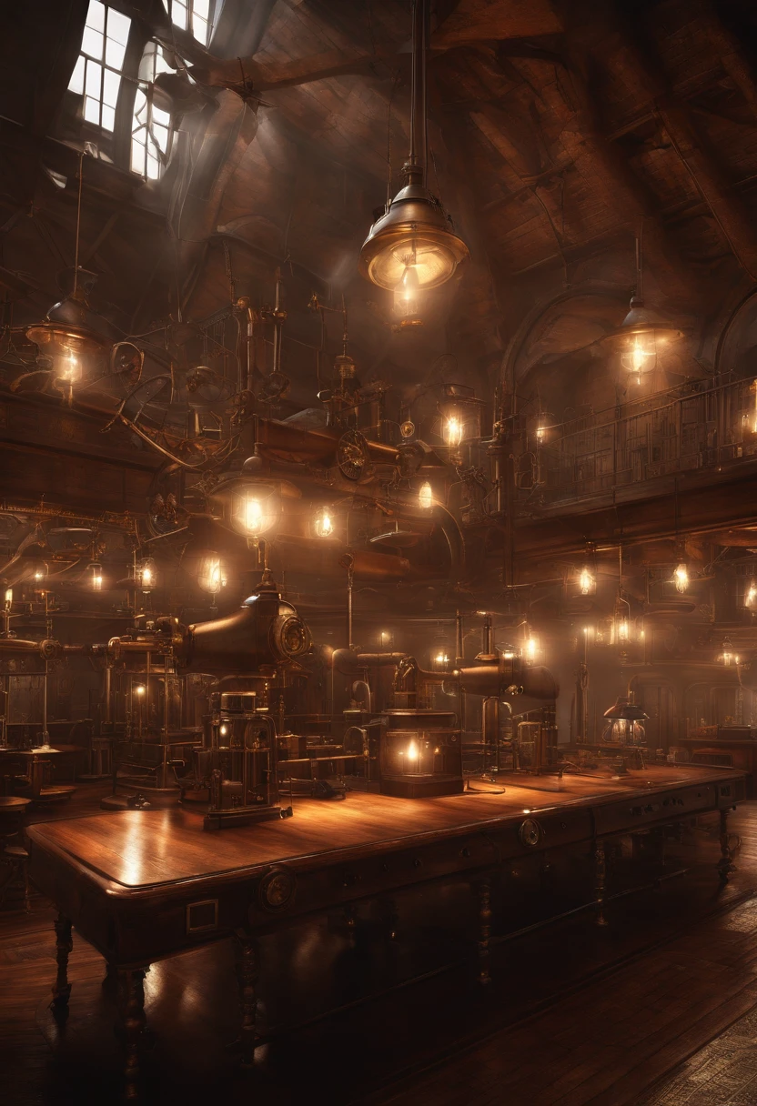 There is a large room with many lights and many tables, steampunk factory background, matte painting of steam machines, fantasy atmospheric lighting, arte conceitual steampunk, steampunk setting, dramatic lighting. arte conceitual, in a steampunk laboratory, Inspirado Sci Vitoriano - Fi, 3d renderizado steampunk, steampunk imagery themed, atmosfera dourada da cidade steampunk, arte conceitual atmosfera deslumbrante