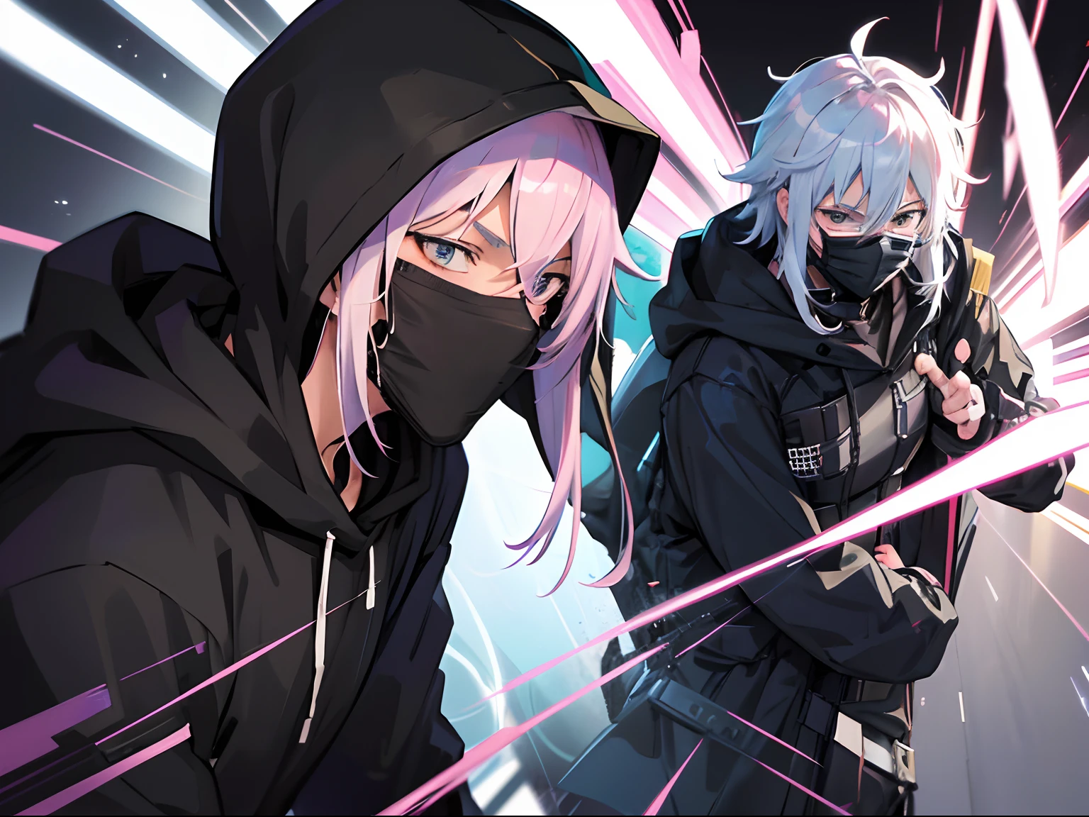 1 anime guy in a Black Hoodie stealth suit and Mask, anime handsome man, anime boy, male anime character, handsome anime pose, male anime style, tall anime guy with grey eyes, anime portrait of a handsome man, he has light pink hairs, as hair color, with medium hairs and different hairstyle
