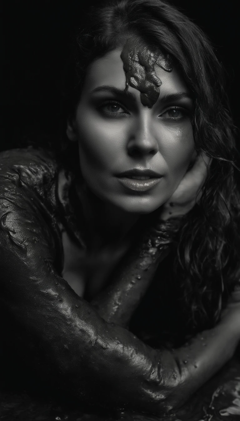 High quality photograph of a hot 35 years old woman (Dynamic frame:1.2), A woman tormented by lust drowns in the face of a mud swamp. (She sensually smears swamp mud on her chest:1.3). She is dressed in jeans and a leather jacket. (She caresses her neck and chest with her hands:1.5) [insanely detailed skin texture, sexy attractive texture] (depth of field) (( perfect body parts, Kodak 200T, dramatic lighting, global illumination ,Clear facial features, 85mm, 100mm lens, f/1.8 uplight, Ilford film stock --ar 16:9 --q 2 --v 5, Create ultra-detailed images textures, capturing every detail with precision ))