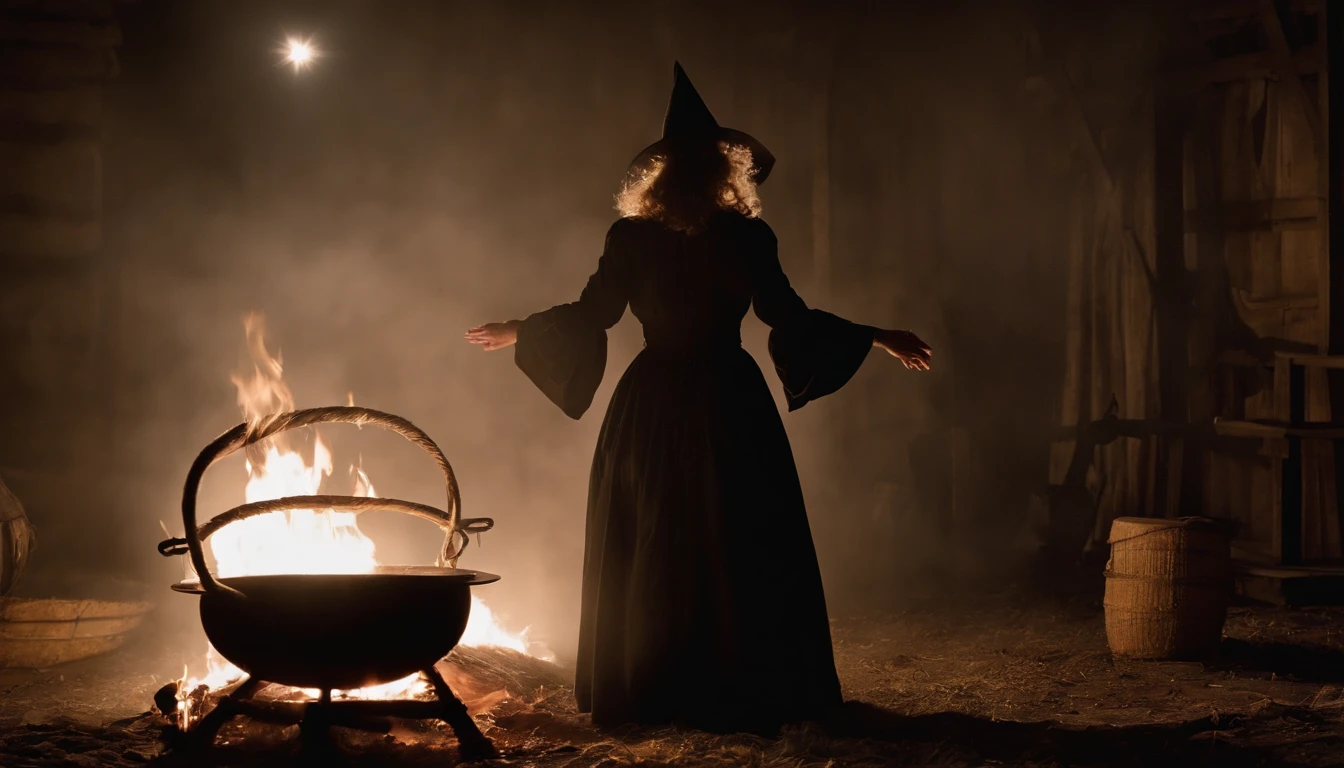Em uma noite de lua cheia, in a room lit only by the soft silvery light shining through a tall, narrow window, A powerful witch stands before a cast-iron cauldron. She wears a long, dark robe adorned with mystical symbols, And on the top of your head, ela usa um chapeu pontudo, Characteristic of witches. Os cabelos da bruxa caem em cachos prateados sobre seus ombros, And your eyes sparkle with a magical intensity. In one of your hands, ela segura uma varinha de madeira entalhada, That she skilfully shakes over the cauldron. The liquid inside the cauldron begins to bubble and emit an ethereal light, Creating a bewitched atmosphere in the room.