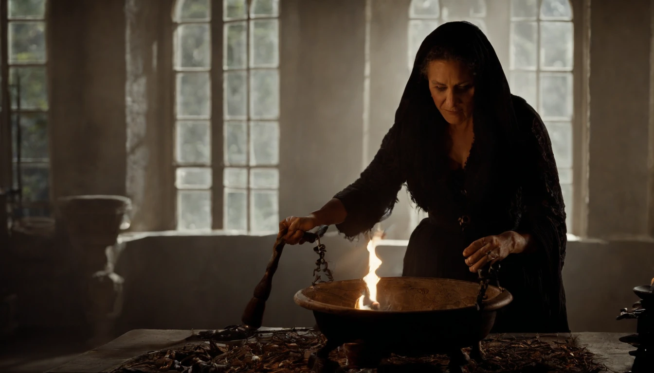 Em uma noite de lua cheia, in a room lit only by the soft silvery light shining through a tall, narrow window, A powerful witch stands before a cast-iron cauldron. She wears a long, dark robe adorned with mystical symbols, And on the top of your head, ela usa um chapeu pontudo, Characteristic of witches. Os cabelos da bruxa caem em cachos prateados sobre seus ombros, And your eyes sparkle with a magical intensity. In one of your hands, ela segura uma varinha de madeira entalhada, That she skilfully shakes over the cauldron. The liquid inside the cauldron begins to bubble and emit an ethereal light, Creating a bewitched atmosphere in the room.
