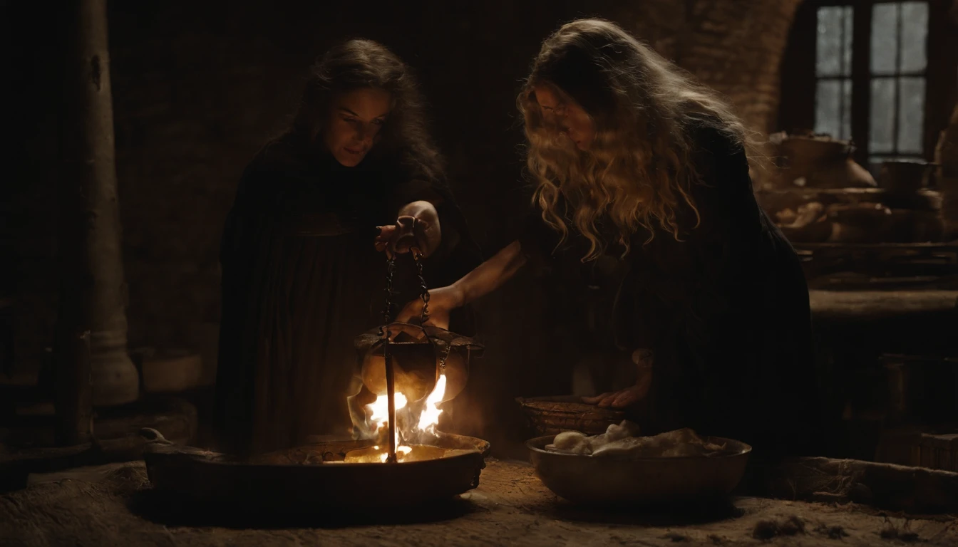 A disturbing trial by fire in a tense, unsettling atmosphere, with historically accurate dialogues, capturing the mood of The Witch, featuring flame orange, style raw