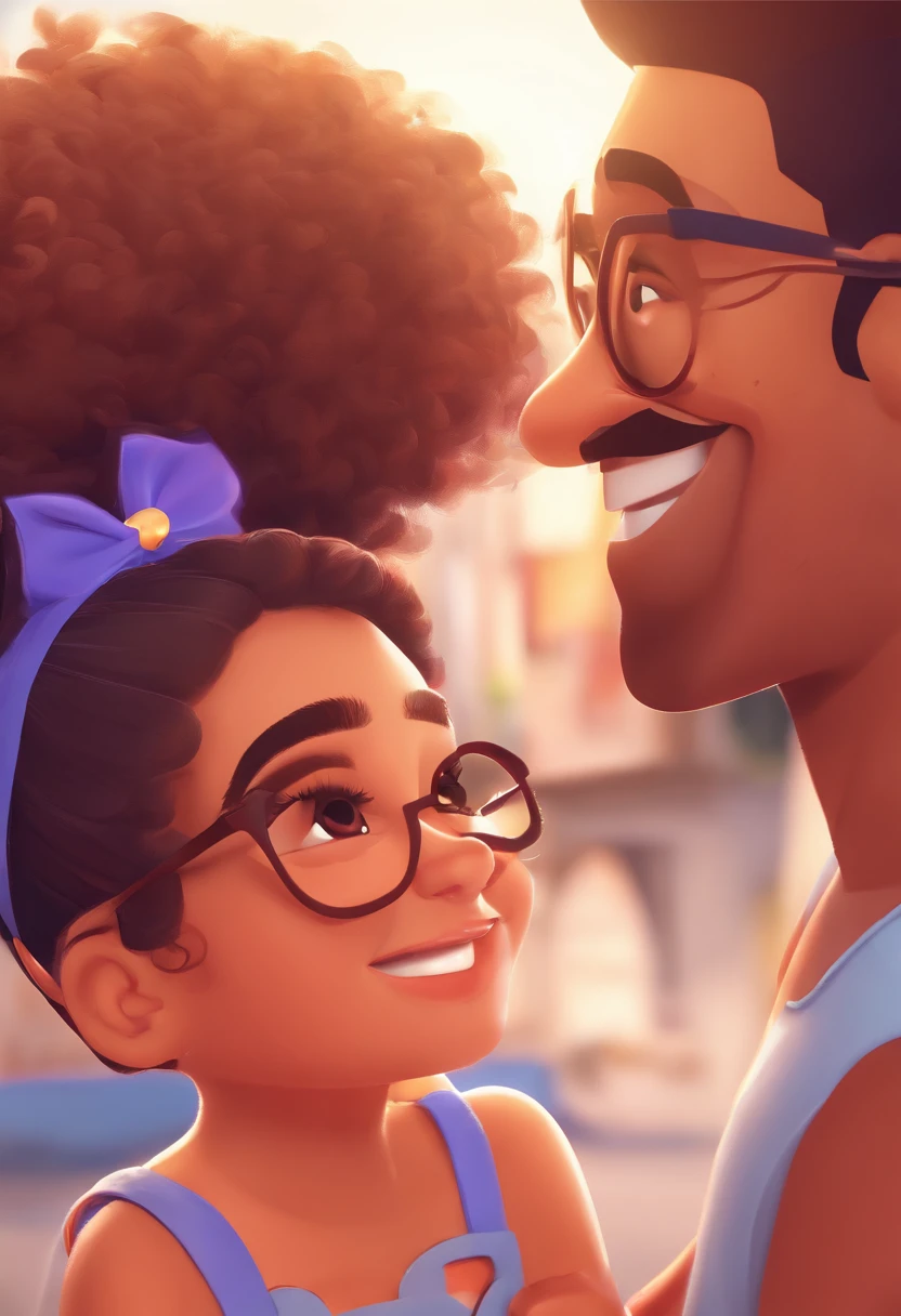 An illustration of an adorable couple, Highlight for a chubby mulatto man with smiling glasses and a brunette woman with beautiful expressive eyes - the man's skin is mulatto and the man's hair has, while the woman's skin is black and the woman's hair is straight and brown. They are a bright room, cada um com um sorriso no rosto, e compartilhar um momento especial caracterizado pelo amor, Insights. Illustrate this scene from a perspective where they are facing the camera, Smiling and Showing Your Connection. Desenvolva esta arte em Full HD, Focus on your cinematic touch, Estilo Disney Pixar Animations