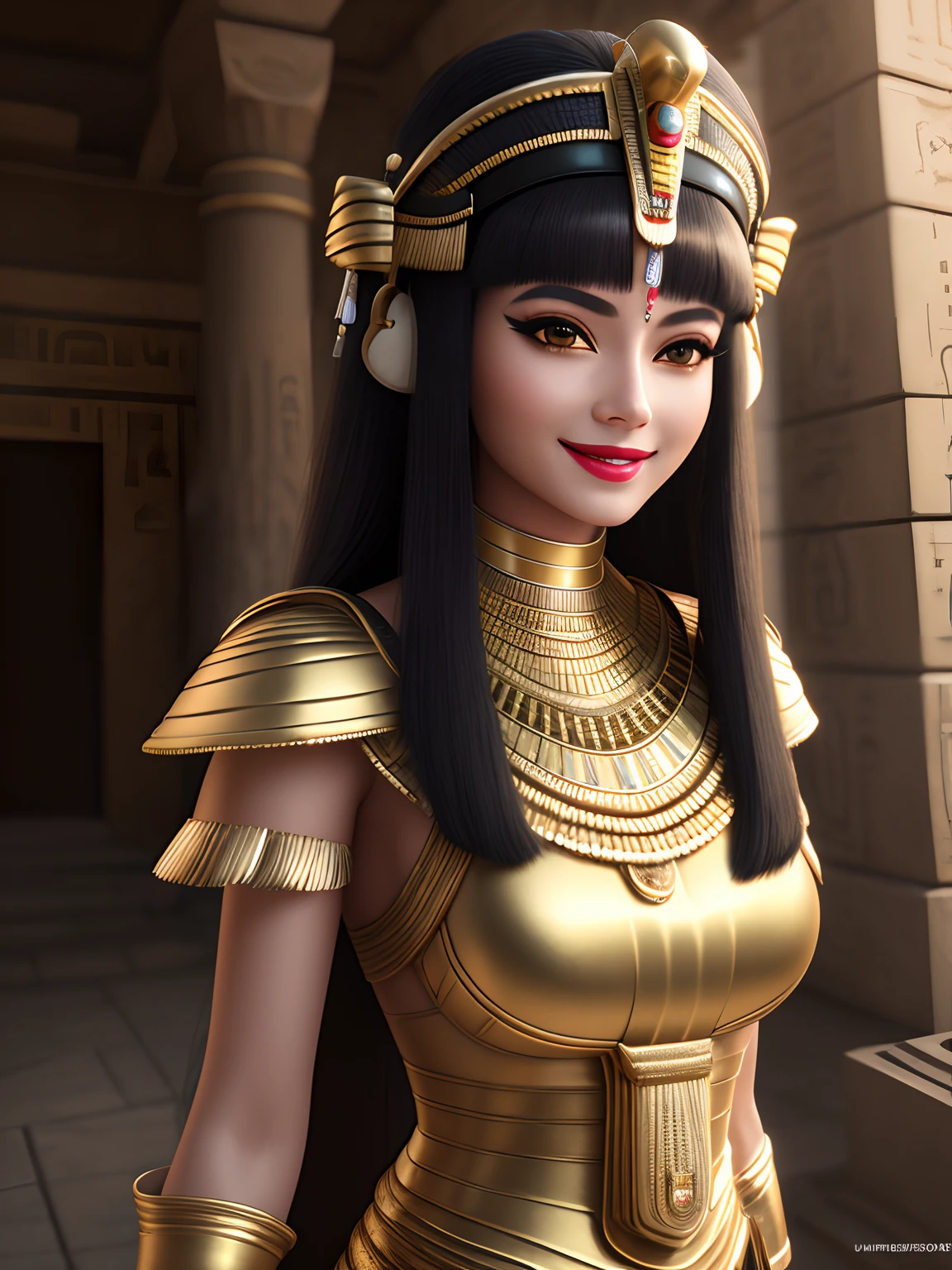 (masterpiece), best quality, expressive eyes, perfect face, (ancient Egypt throne room background), (sexy pose), (smirk), (cleavage view), (1girl, 18 years old, Nico Robin, latina, dark skin, tanned skin, black hair, bangs hairstyle, brown eyes, hourglass figure, thin body, skinny body, petite_body, small breasts), (sexy beige transparent egyptian dress, expossed cleavage, gold jewelry, gold armlet, egyptian crown with veil, beige transparent loincloth),