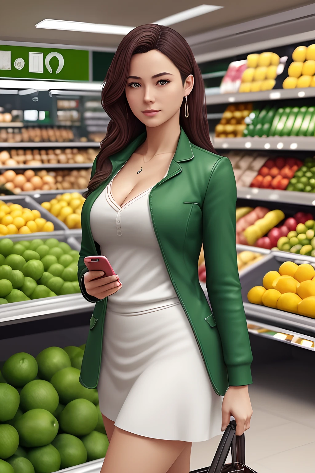 uma mulher em um avental verde com uma etiqueta de nome verde, promotional render, arte oficial do personagem, Arte Promocional, protagonista feminina, Arte Oficial, advertising photo, exploitable image, official character illustration, personagem feminina, arte promocional, character render, official illustration, renderizado em corona, gemma chen, Dia de Corinne, Artista CG, Arnold Maya render, Fanart, imagens promocionais This character is a woman, she is holding a smartphone in her hand, walking in the supermarket --auto
