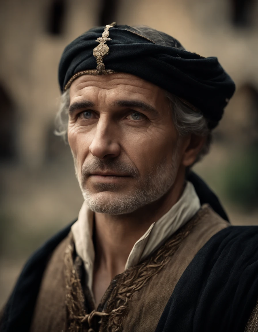Cinematic portrait, upper body, face, facing the audience, (Reality :1.3), one of the most beautiful artworks in the world, a man looks into the camera, medieval costumes, (old clothes damaged and weathered :1.4), detailed beautiful face, action shooting, ancient city background, realistic photos, CG, Art Station