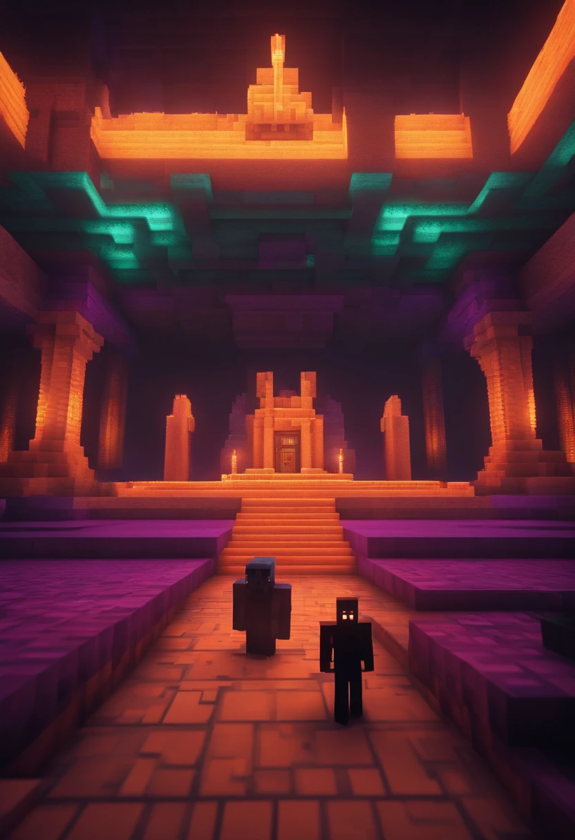A Minecraft enderman fighting a Minecraft player in a Minecraft temple