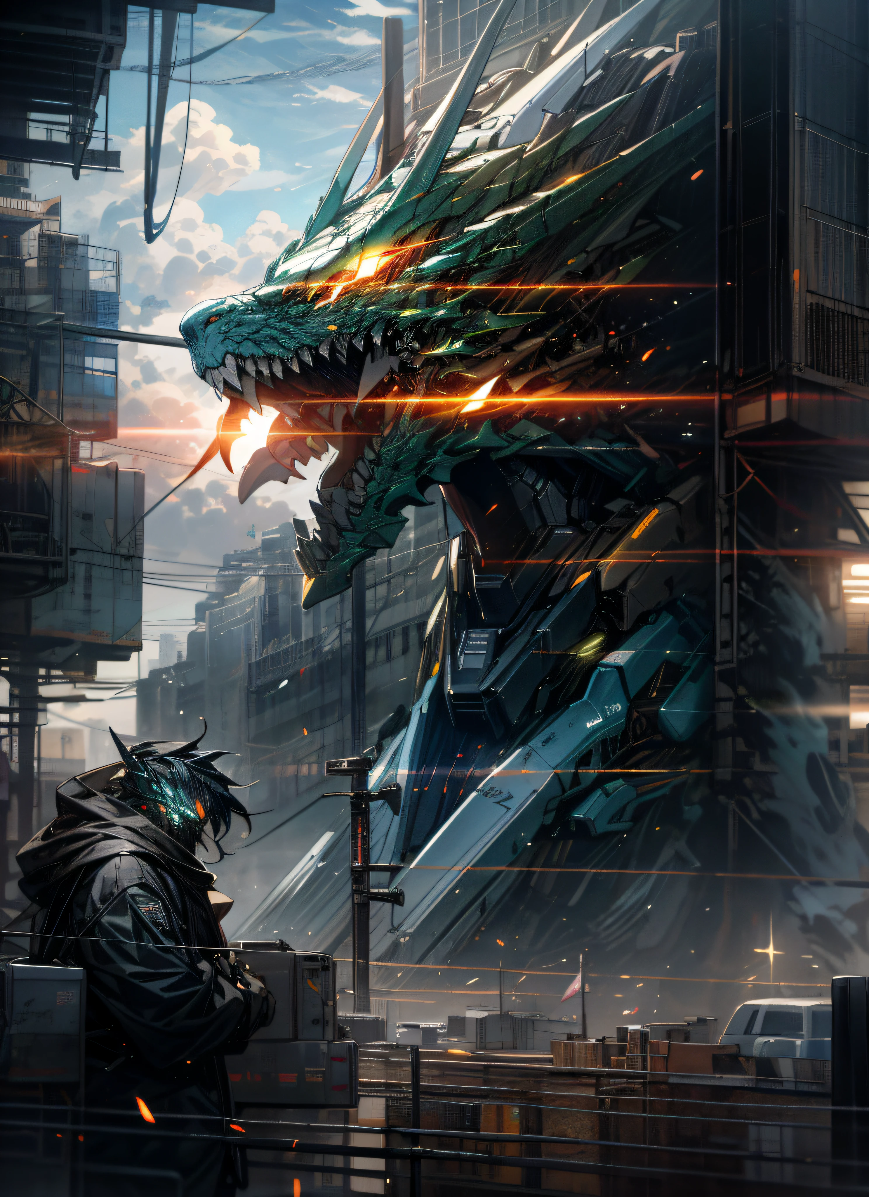 Sky, Clouds, holding_weapon, no_humans, Glow, Robot, Architecture, glowing_eyes, Mecha, Science Fiction, City, Reality, Mecha, Dragon