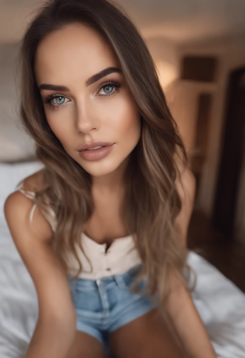 Femme arafed avec débardeur et culotte assortis, fille sexy aux yeux bruns, Portrait Sophie Mudd, cheveux bruns et grands yeux, Selfie d’une jeune femme, Yeux de chambre, Violet Myers, sans maquillage, maquillage naturel, Regarder directement la caméra, Visage avec Artgram, Maquillage subtil, Superbe photo du corps entier, dans la chambre, clivage
