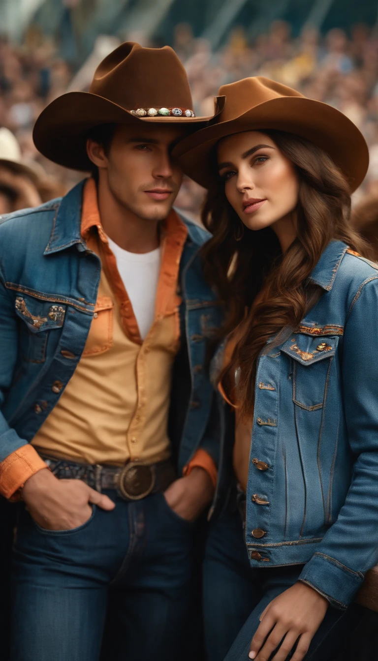 a brown-haired young couple with cowboy hats, wearing denim jackets adorned with colorful buttons, facing the audience, upper body, a realistic photo