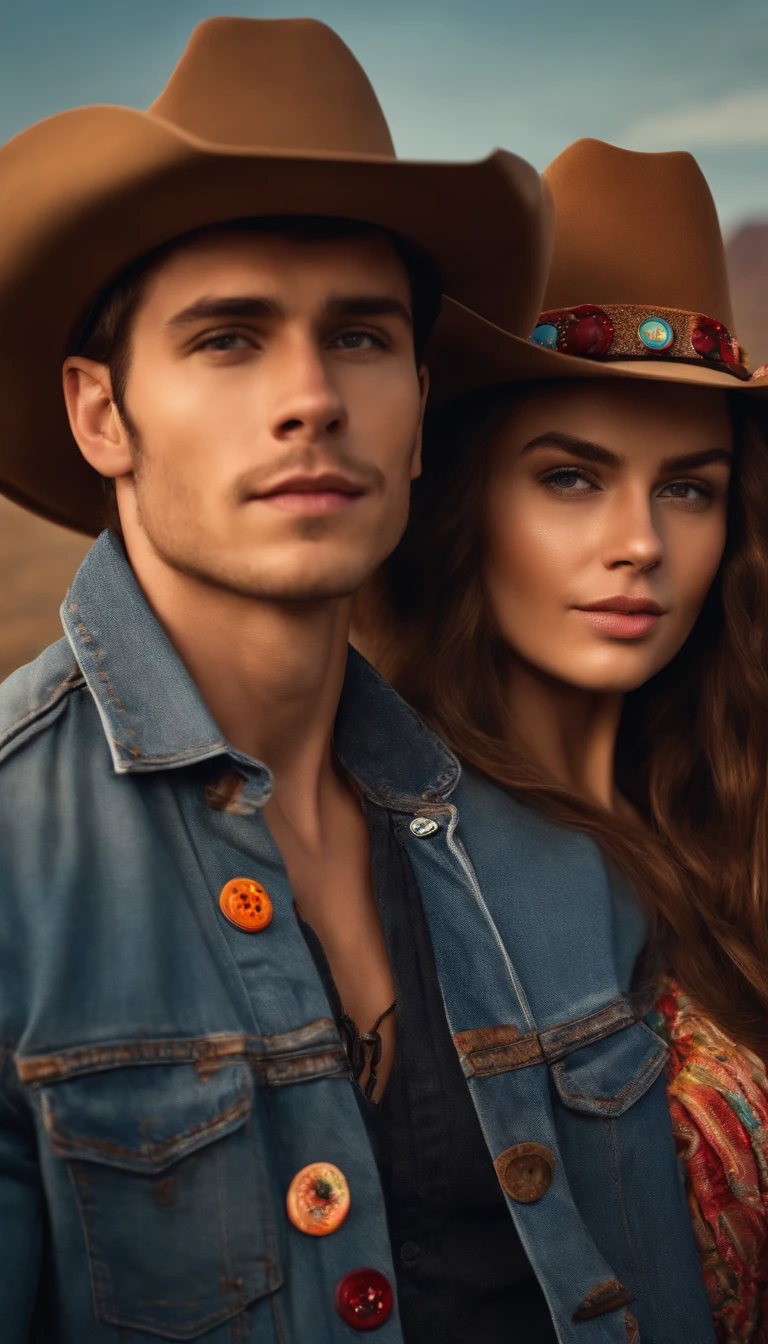 a brown-haired young couple with cowboy hats, wearing denim jackets adorned with colorful buttons, facing the audience, upper body, a realistic photo