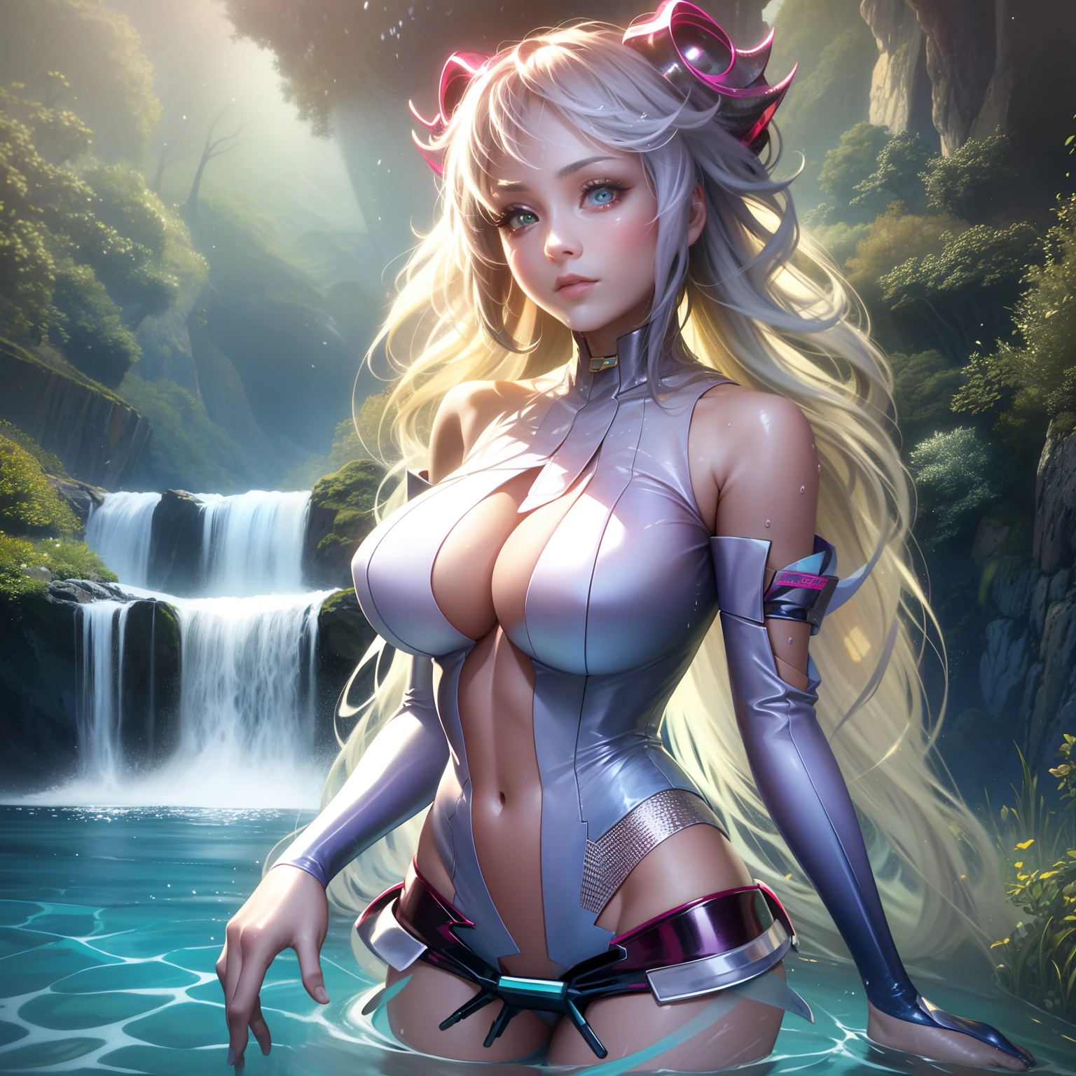 Arte Oficial、obra maestra、Modelado extremadamente delicado、highest qualityr、Fotorrealista、Imagen 8k、HiQuality、Mujer parecida a una diosa parada en la superficie del agua、fantasy、Ondas en la superficie del agua、Estilo perfecto、Vista trasera nudista、Artistically & Craftsmanship