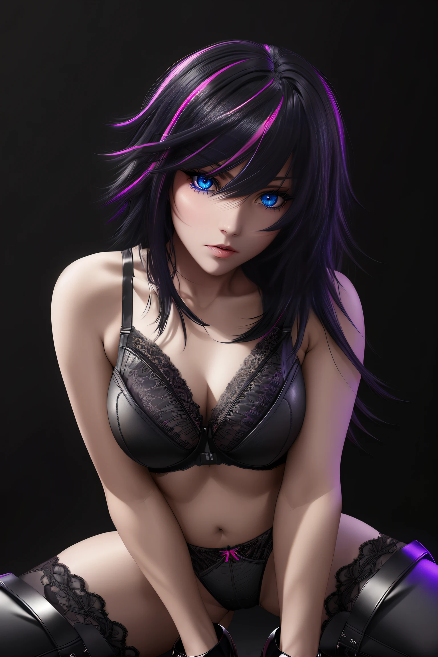 25-Year-Old Woman, short bright neon streaked black hair, (seductive pose:1.2), black eyeshadow, (lace underwear:1.4), (high heel leather boots), (dark city night black background:1.4), Serious Face, Realistic Face Resolution, Realistic, Object Resolution
