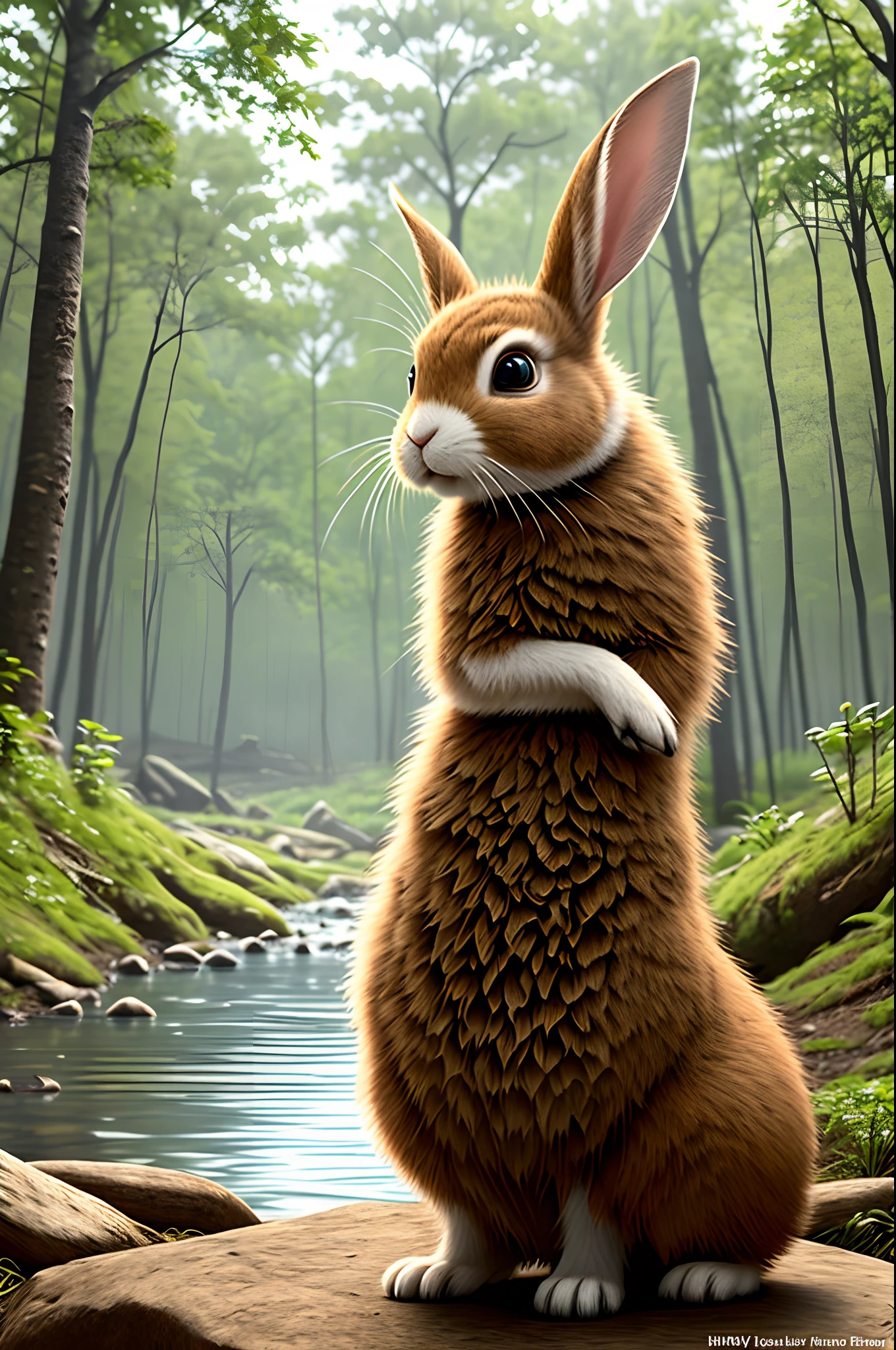 a very wise rabbit in the forest near a stream hiper -realistic style, Pixar, Disney Style
