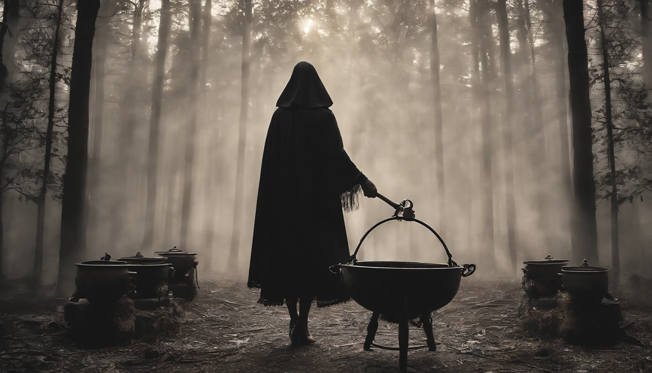 Em uma noite de lua cheia, in a room lit only by the soft silvery light shining through a tall, narrow window, A powerful witch stands before a cast-iron cauldron. She wears a long, dark robe adorned with mystical symbols, And on the top of your head, ela usa um chapeu pontudo, Characteristic of witches. Os cabelos da bruxa caem em cachos prateados sobre seus ombros, And your eyes sparkle with a magical intensity. In one of your hands, ela segura uma varinha de madeira entalhada, That she skilfully shakes over the cauldron. The liquid inside the cauldron begins to bubble and emit an ethereal light, Creating a bewitched atmosphere in the room.